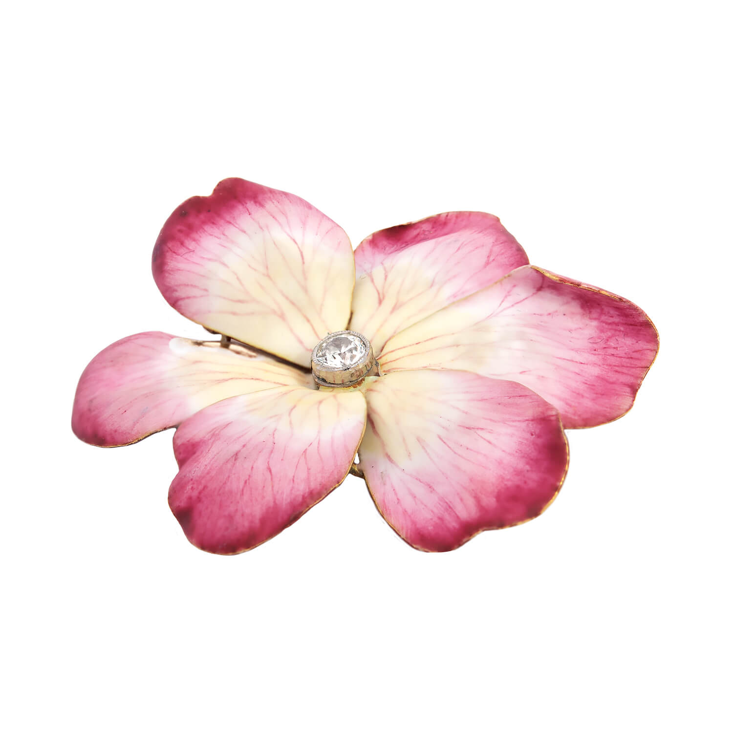 18K Pink Enamel Diamond Flower Brooch Pin - Victorian French Antique Jewelry for Women - Perfect for Weddings, Parties & Special Occasions
