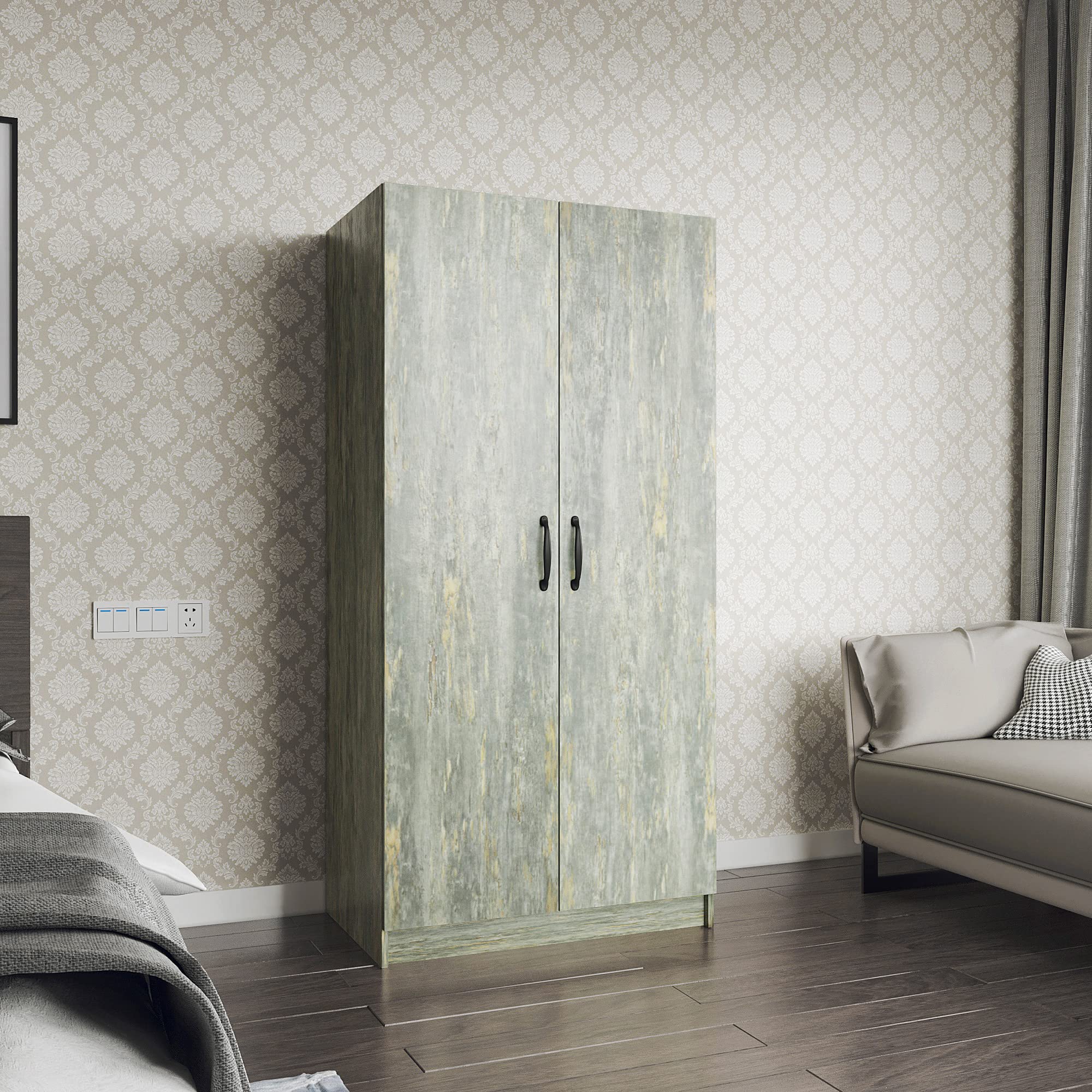 EMKK 2-Door Armoire Wardrobe Cabinet with Storage Drawers & Hanging Rail - Freestanding Wooden Closet for Bedroom, Bathroom, or Entryway - Home Furniture Storage Organizer (Grey) - Perfect for Small Spaces, Apartment Living & Clothes Organization