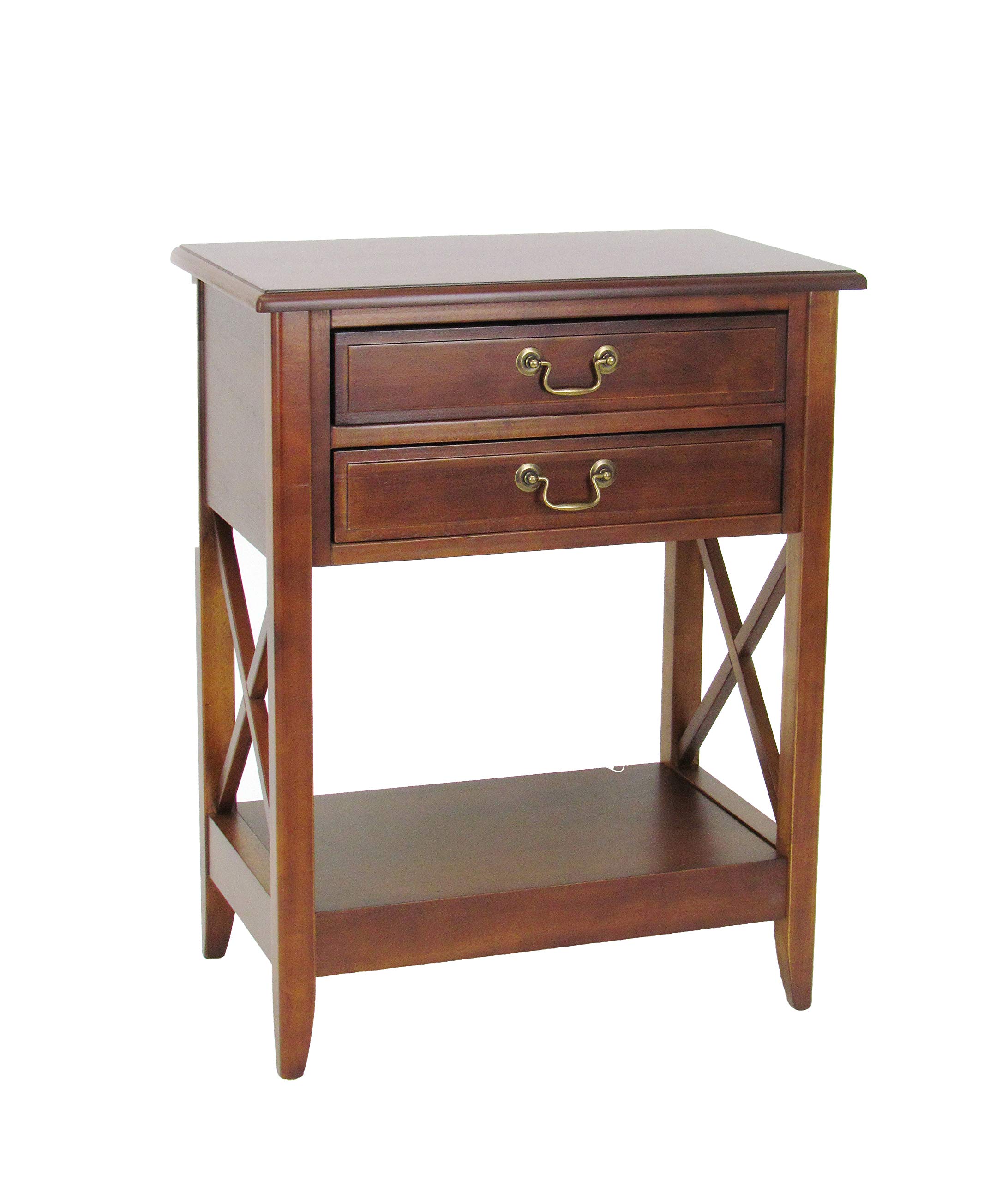 Benjara Brown Wooden Nightstand with 2 Drawers and Criss Cross Sides - Bedside Table for Bedroom, Living Room, or Guest Room - Perfect for Storing Books, Lamps, and Bedroom Essentials