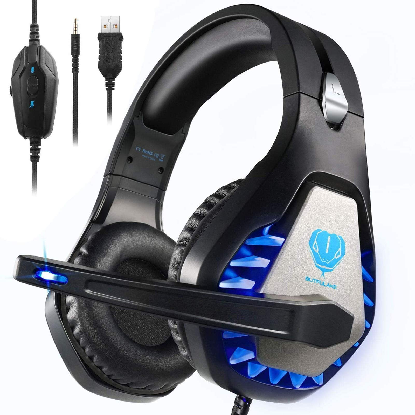 BUTFULAKE GH-1 Pro Gaming Headset with Noise Cancelling Mic - Wired Over-Ear Headphones for PS5, PS4, Xbox One, PC, Nintendo Switch, Mac & Laptops | LED Light, 3.5mm Jack, Black | Perfect for Competitive Gaming & Online Chat