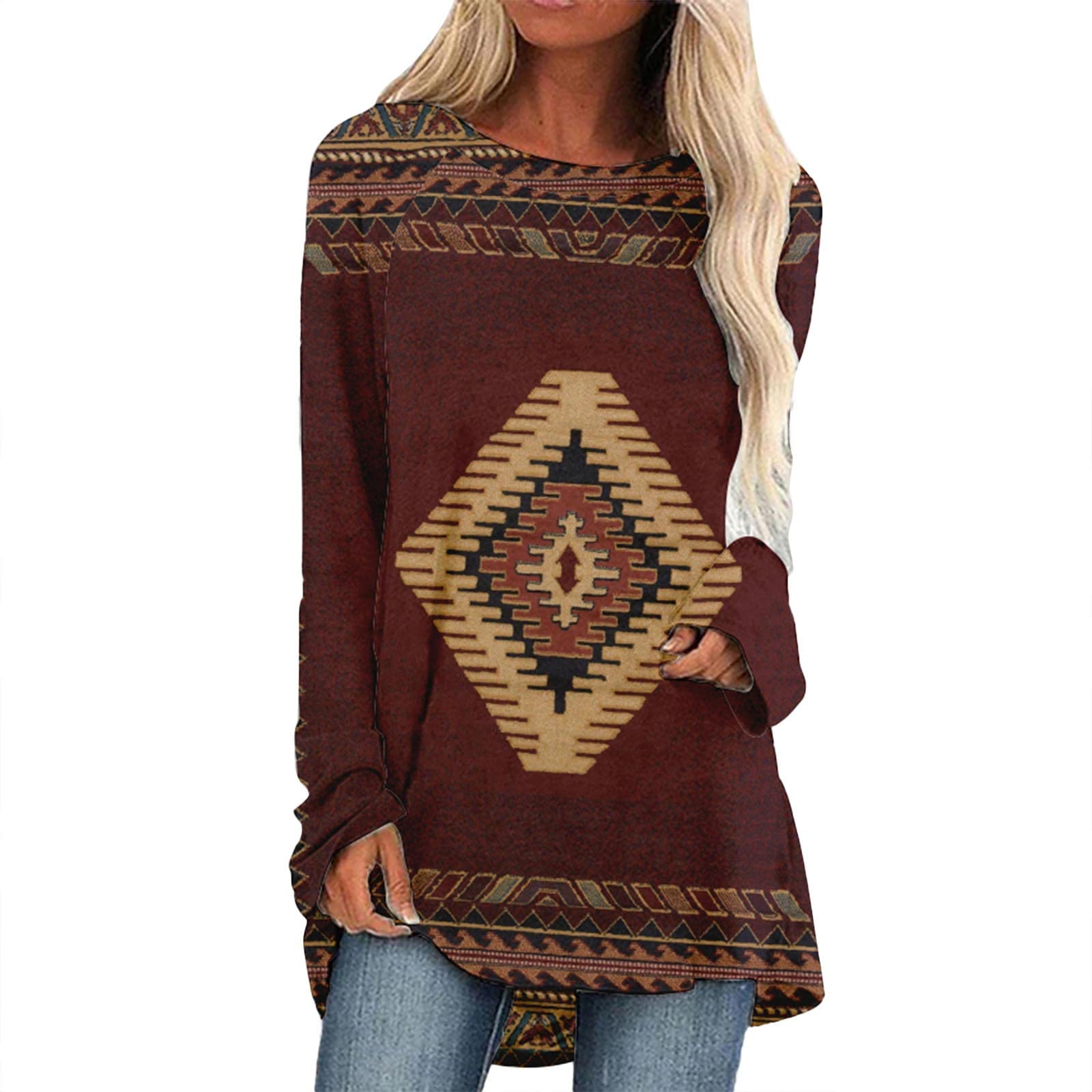 Women's Casual Long Sleeve Round Neck Ethnic Print Blouse - Soft Athletic T-Shirt Top for Yoga, Workout & Everyday Wear - Pack of 3 Comfortable Shirts