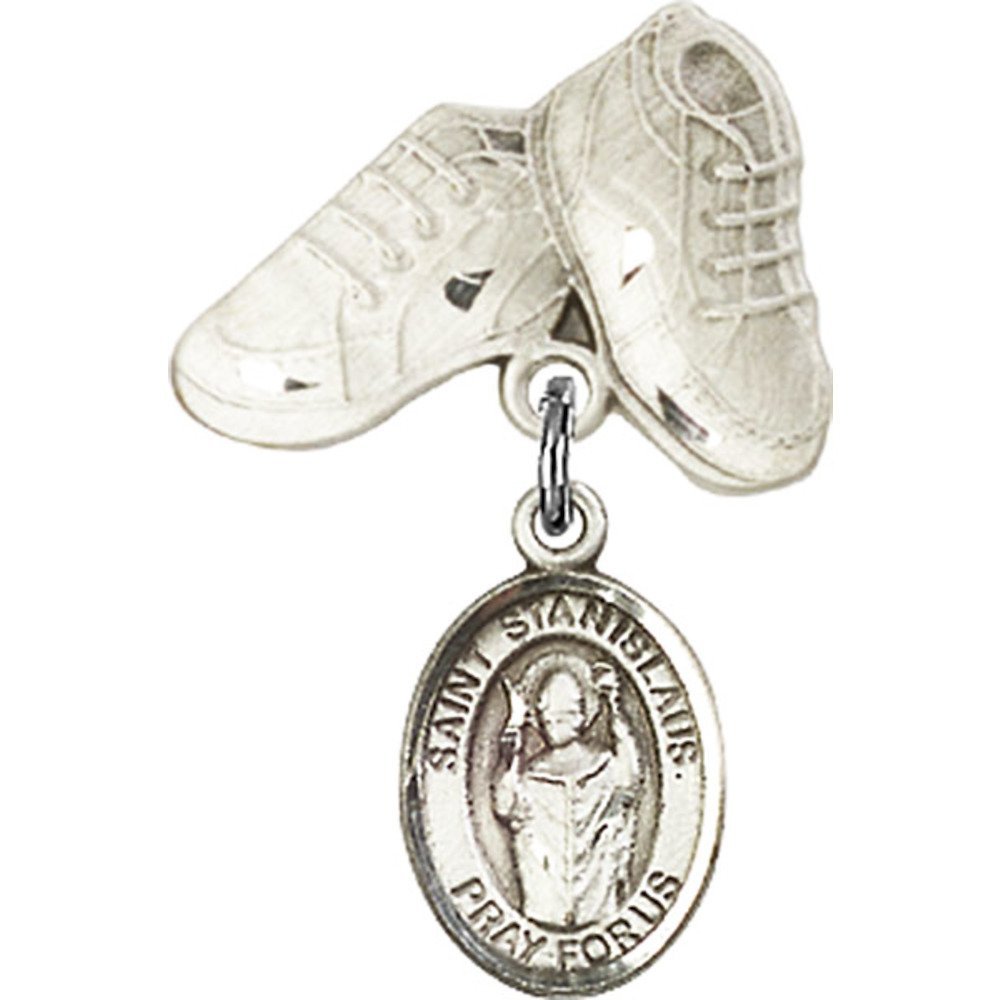 Sterling Silver Baby Badge with St. Stanislaus Charm & Baby Boots Pin - 1 X 5/8 Inch Religious Jewelry - Perfect for Christening, Baptism Gifts & Newborn Blessings