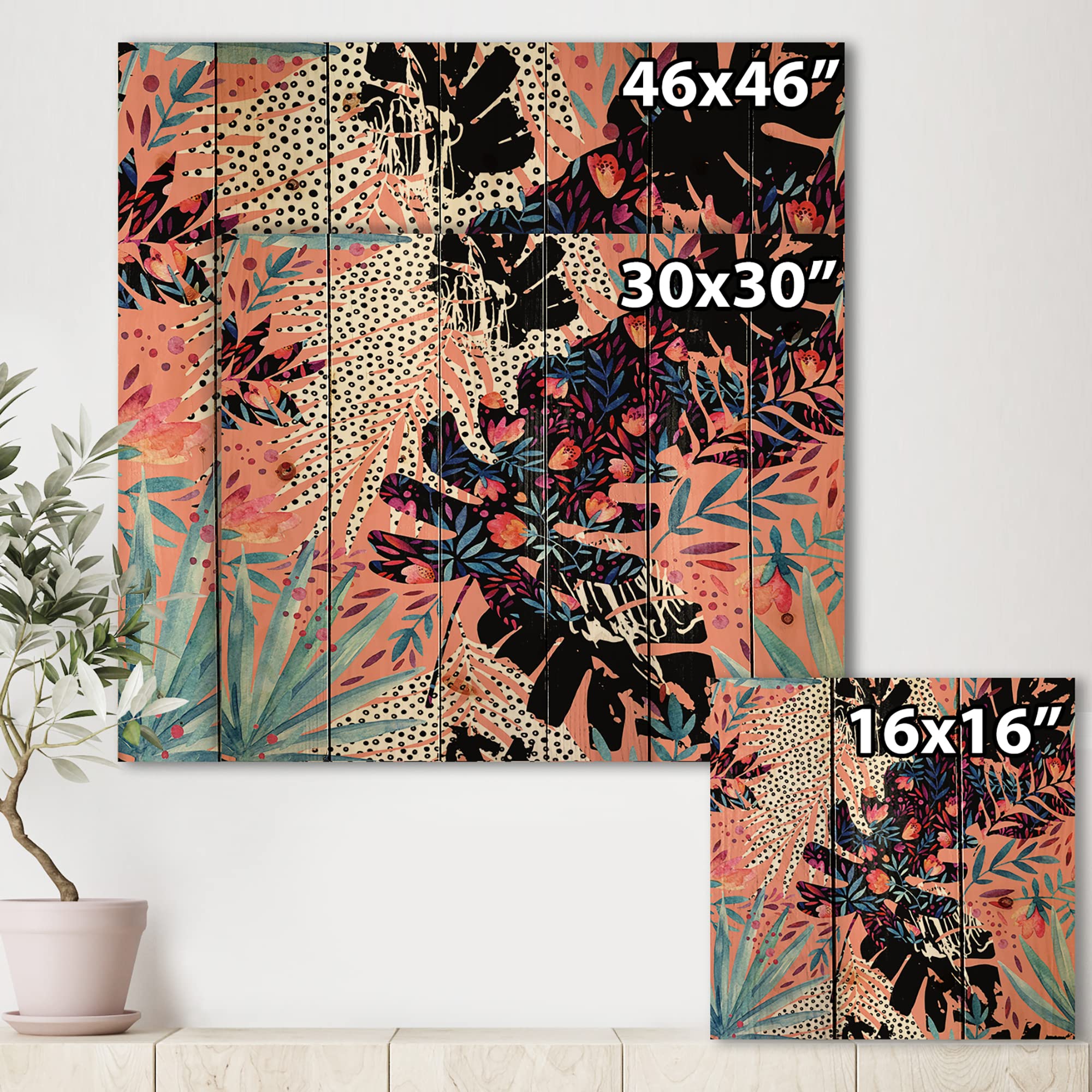 DesignQ Tropical Floral Patchwork Wood Wall Decor - Black Wood Art Panel with Large Floral Print on Natural Pine - Perfect for Living Room, Bedroom & Boho Home Decor
