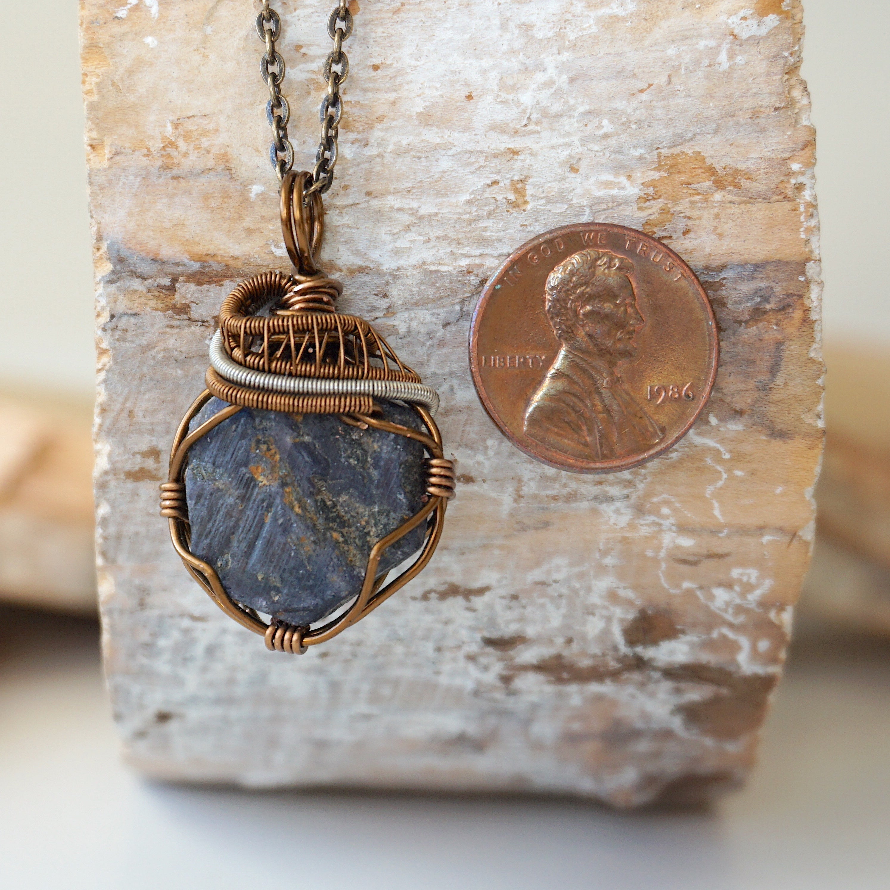 Raw Sapphire Necklace - Handcrafted Mixed Wire Antique Bronze Jewelry for Women | Boho Chic Pendant for Everyday Wear & Special Occasions