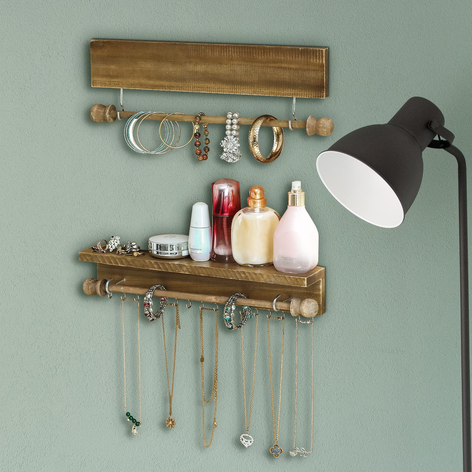 Ochine Rustic Wooden Wall Mounted Jewelry Organizer - Hanging Jewelry Cabinet with Storage Hooks for Necklaces, Earrings, Bracelets & Rings | Perfect for Bedroom, Bathroom & Closet Organization