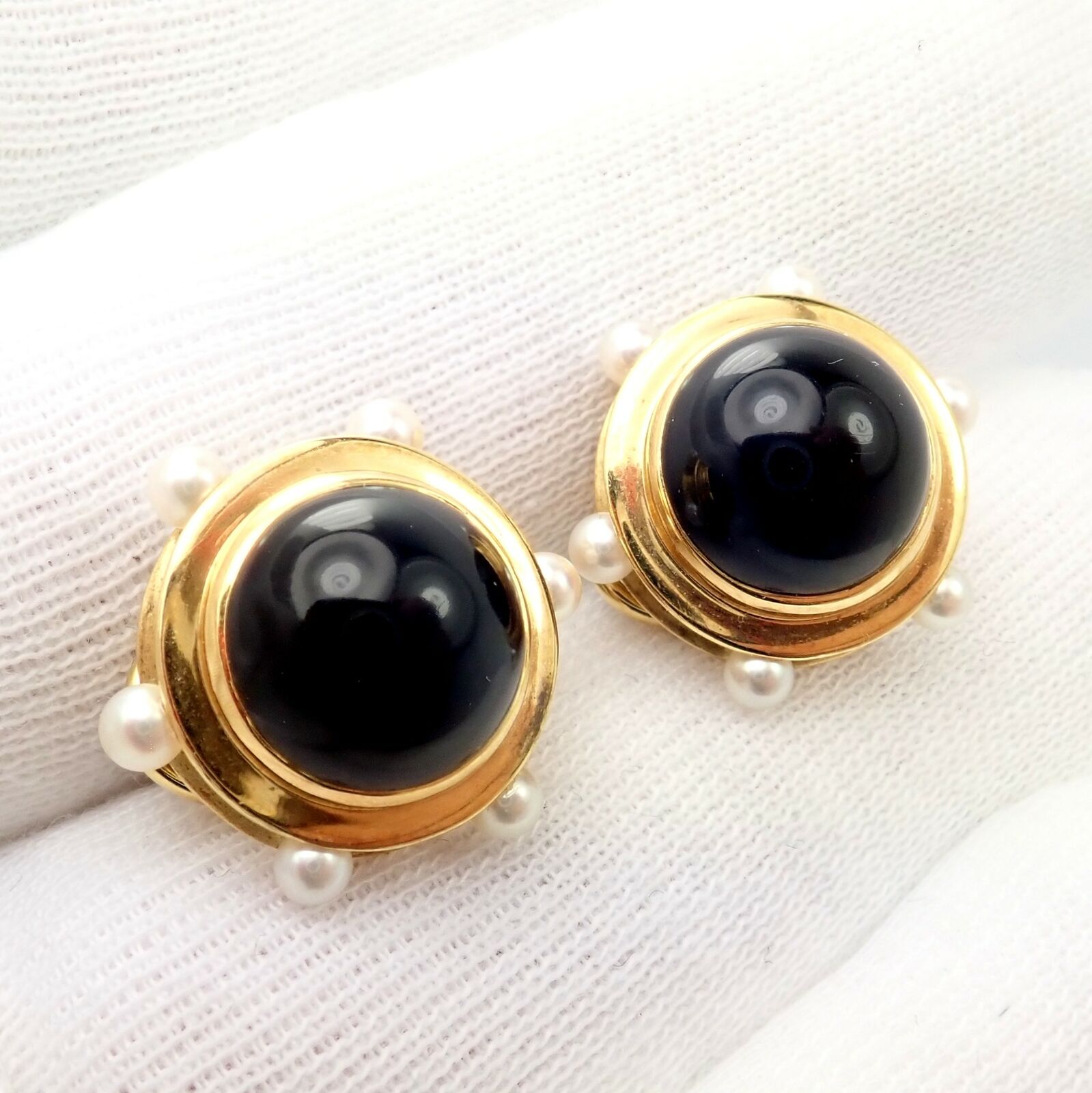 Vintage Authentic Tiffany & Co. 18k Yellow Gold Pearl & Onyx Earrings - Rare Luxury Jewelry for Women, Elegant Gift for Anniversary, Wedding & Special Occasions