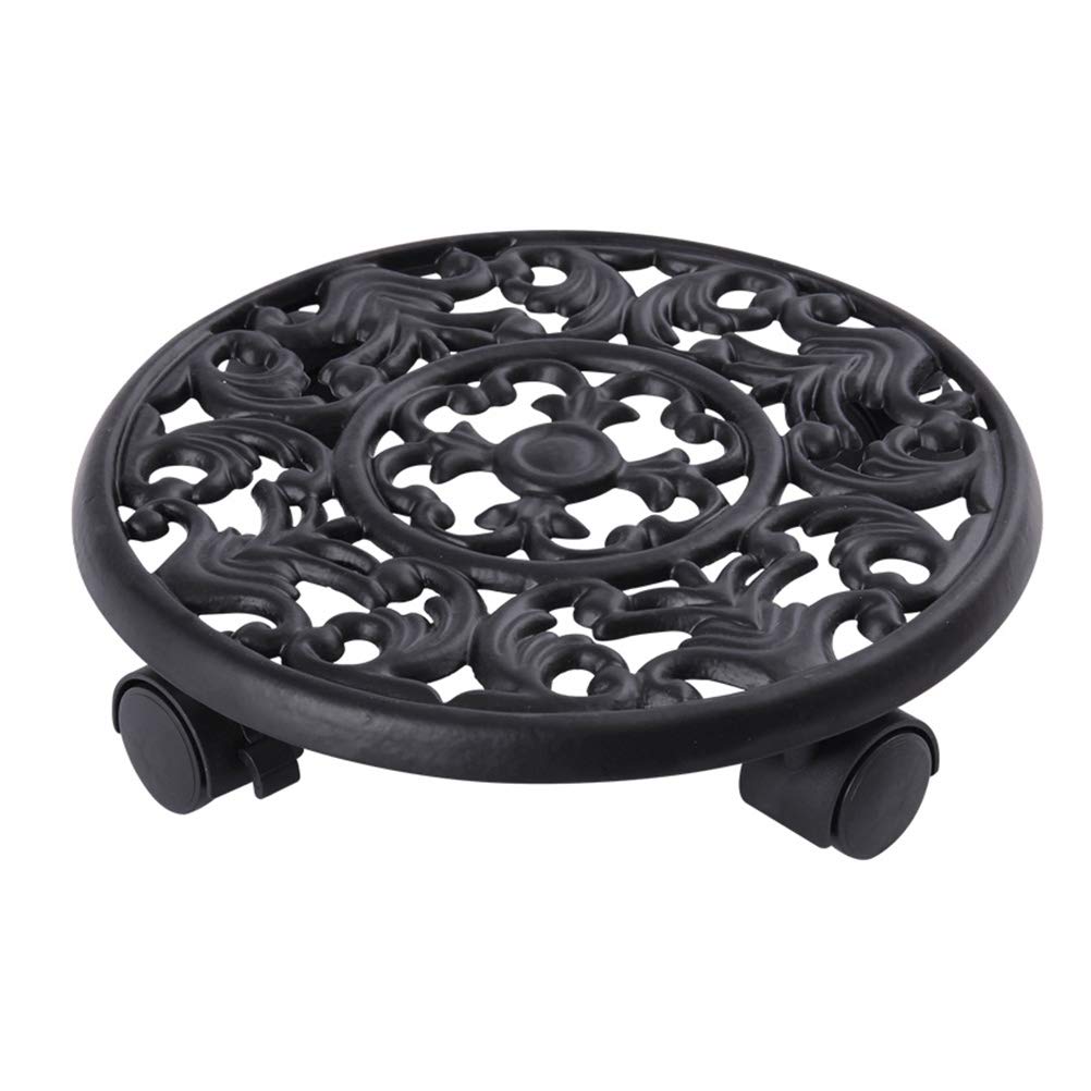 Heavy Duty Cast Iron Plant Pallet Caddy with Lockable Wheels - Black Round Outdoor Flower Pot Planter Trolley with Rolling Casters - Perfect for Moving Large Plants in Gardens, Patios, and Nurseries