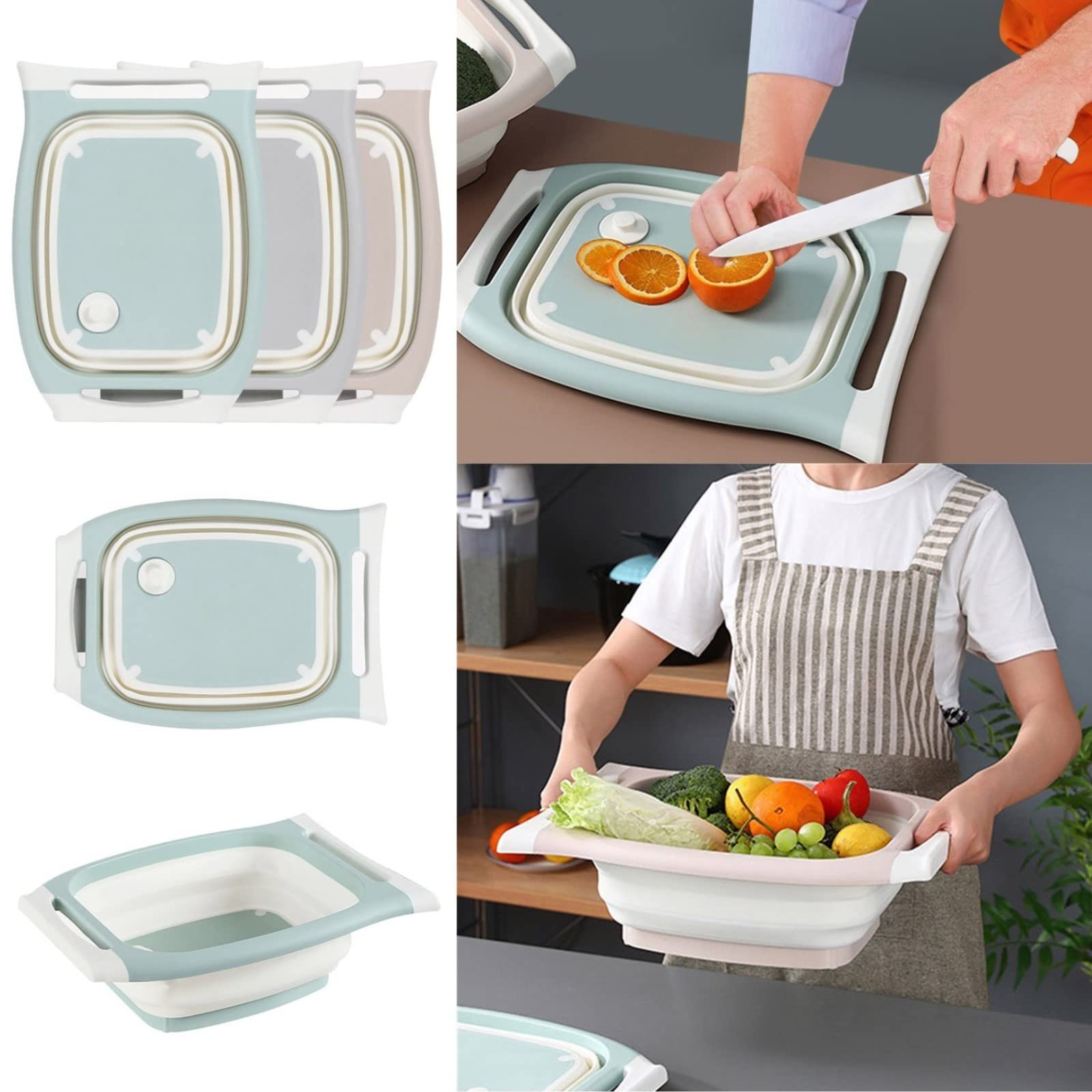 Foldable Silicone Cutting Board & Vegetable Washing Basin with Drain Funnel - Collapsible Multi-Functional Kitchen Tool for BBQ Prep, Picnic, Camping & Outdoor Cooking (Green, One Size) - Perfect for Camping Trips, Backyard Grilling & Small Space Kitchens