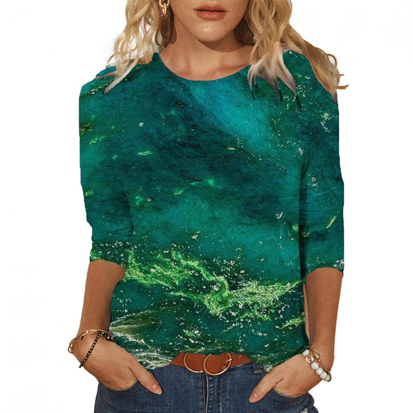 Women's 3/4 Sleeve Butterfly Print Crewneck Graphic Tee - Casual Blouse Tops for Everyday Wear, Spring Outfits & Weekend Street Style