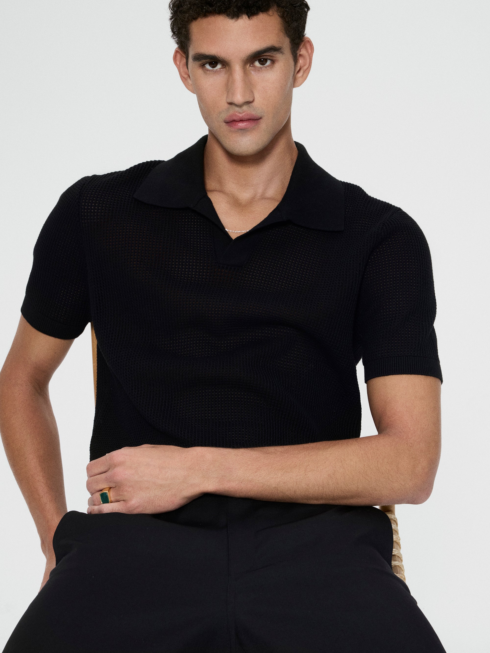 Open Weave Polo Sweater for Men - Breathable Black Knit Top | Casual Office Wear & Weekend Outfits