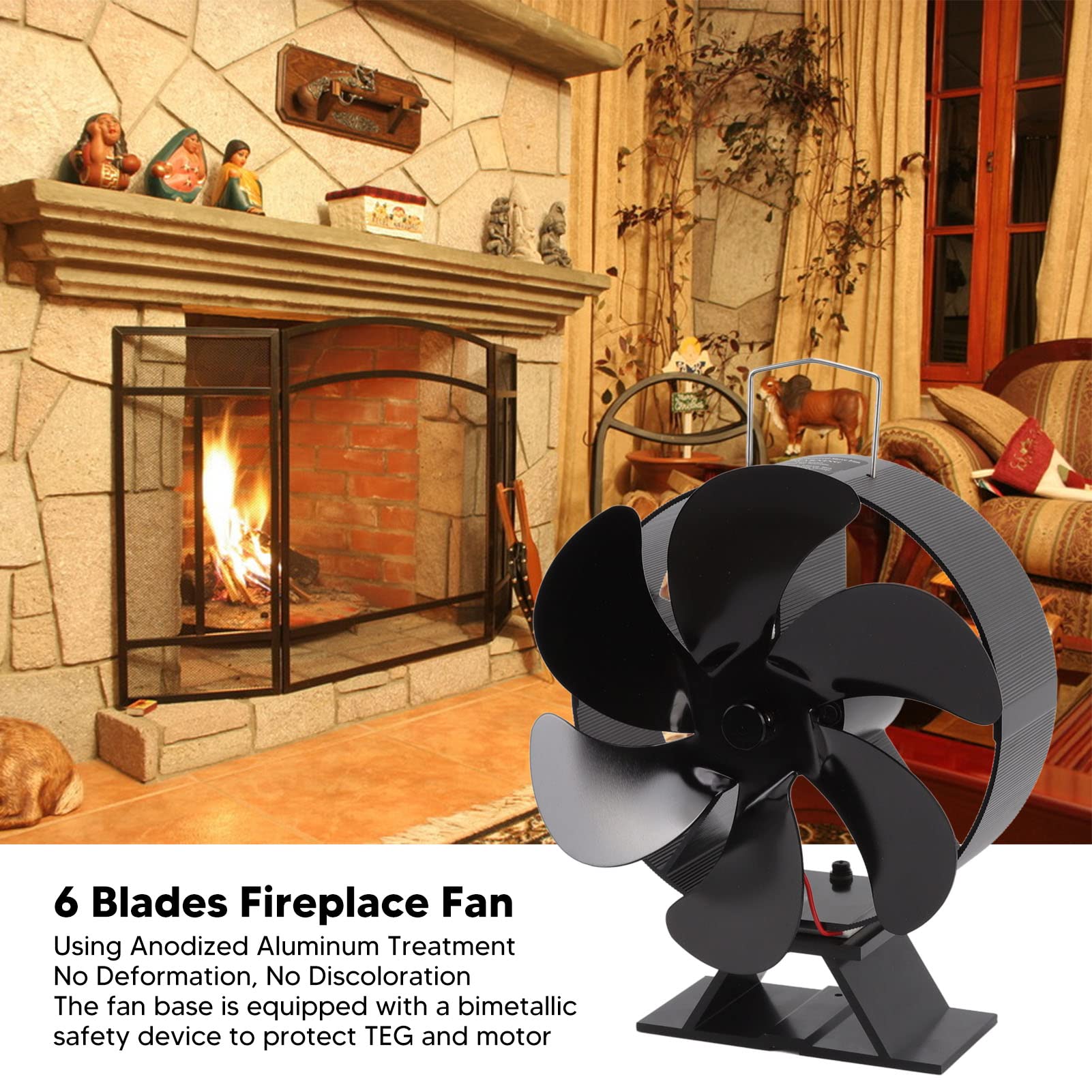 Topyond Self-Powered Fireplace Fan - 6 Blade Heat Powered Stove Fan for Wood Burning Fireplaces | Efficient Air Circulation & Thermodynamic Heat Resistant Design | Perfect for Living Rooms, Cabins & Winter Heating