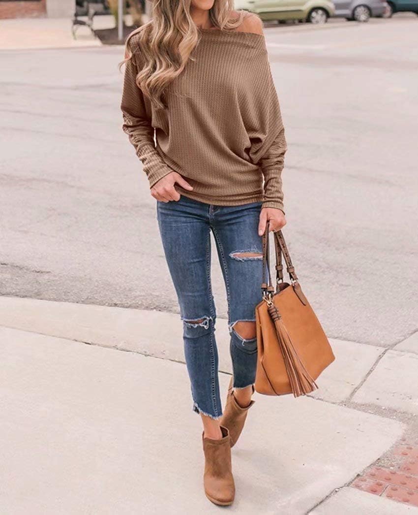 Lacozy Women's Off Shoulder Waffle Knit Oversized Sweatshirt - Long Sleeve Tunic Pullover Sweater for Casual Wear & Layering | Perfect for Fall Outfits, Date Nights and Weekend Comfort