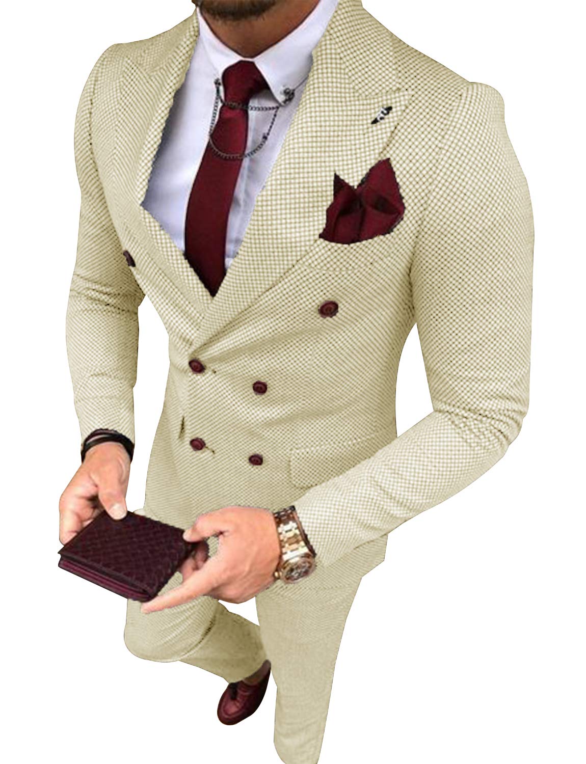 Men's Classic Fit Double Breasted Plaid Suit 2-Piece Set - Formal Jacket & Pants for Business, Wedding & Special Occasions