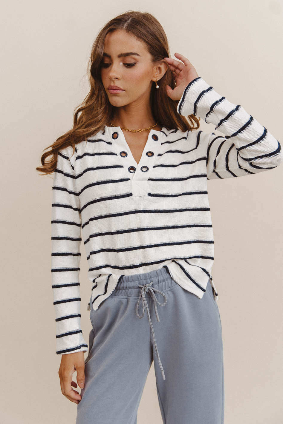 Franny Striped Grommet Top Navy Blue - Women's Fashion Boho Blouse for Casual Outings & Beach Vacations