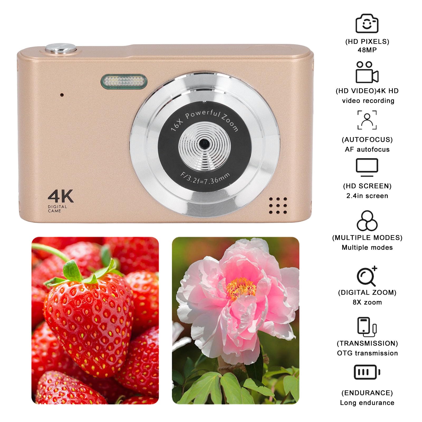 4K Digital Camera for Photography & Vlogging - 48MP, 16X Zoom, Auto Focus, Anti-Shake, Compact Point and Shoot Travel Camera (Gold) - Perfect for Travel, YouTube Videos, Family Events & Outdoor Adventures