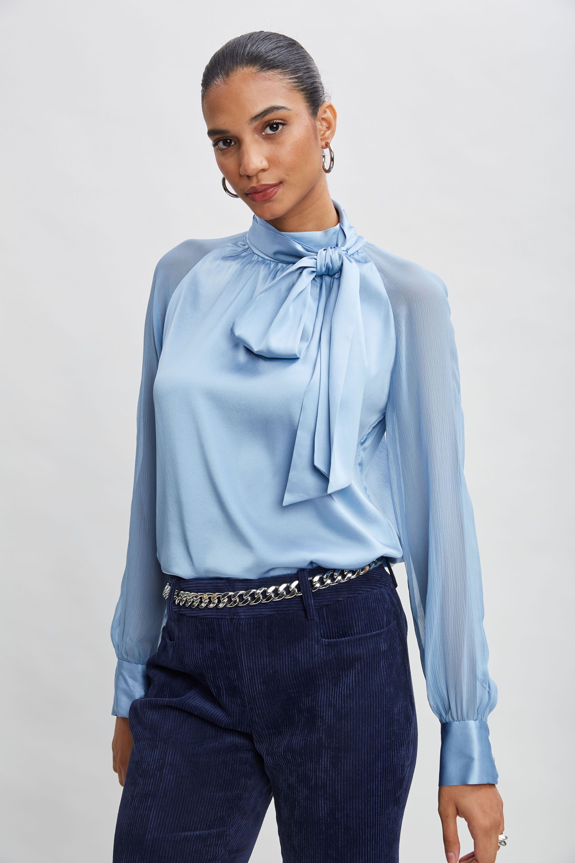 Elegant Chiffon Sleeve Silk Satin Tie Front Blouse for Women | Formal Office Wear & Evening Party Outfits