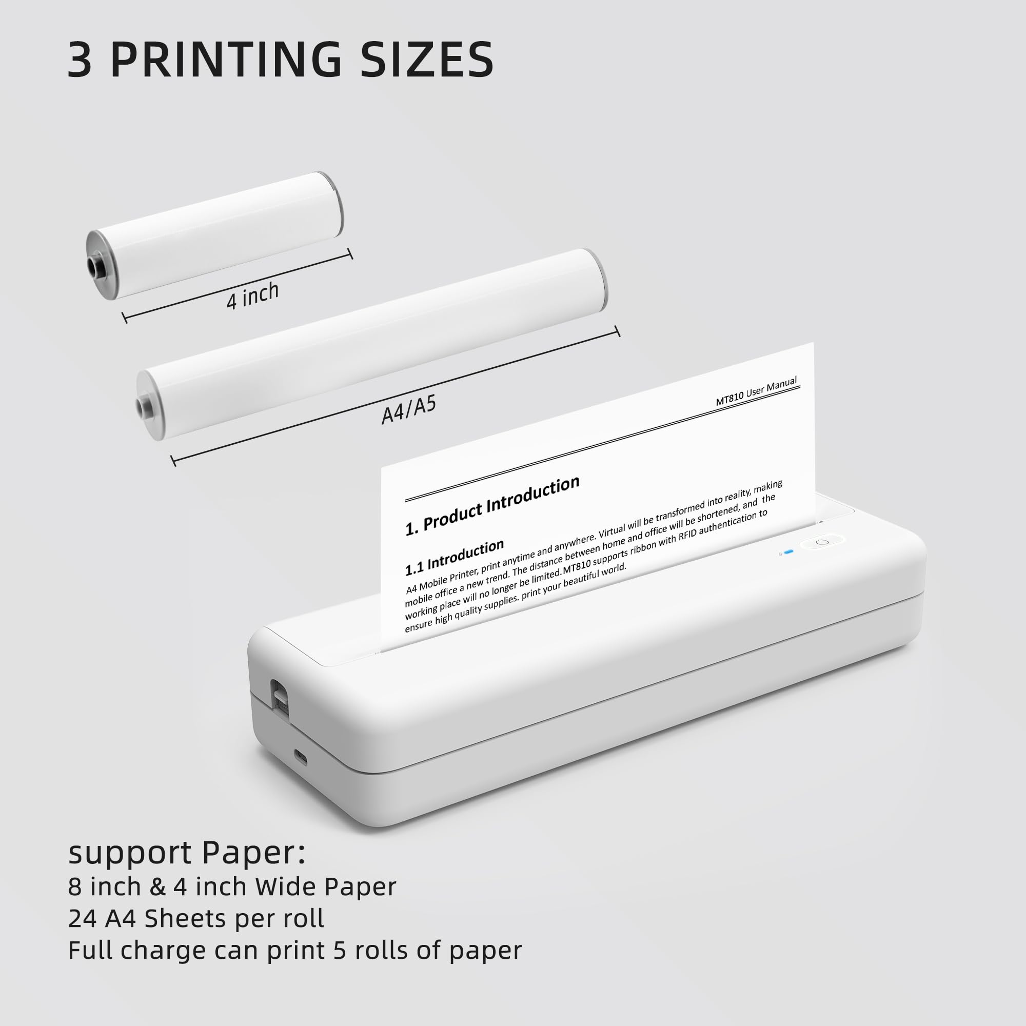 Wireless Thermal Printer for Home Office & Travel - Compact, Inkless, Works with 8