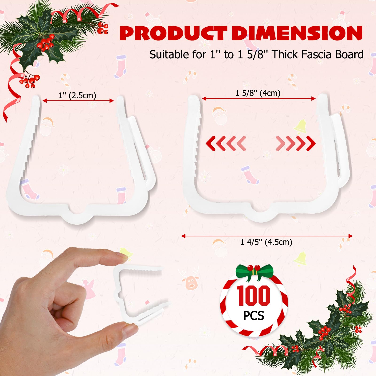 100 PCS White Plastic Christmas Light Hanger Clips for Fascia Board, Roof Gutter, Deck Banister & Fence (1 5/8
