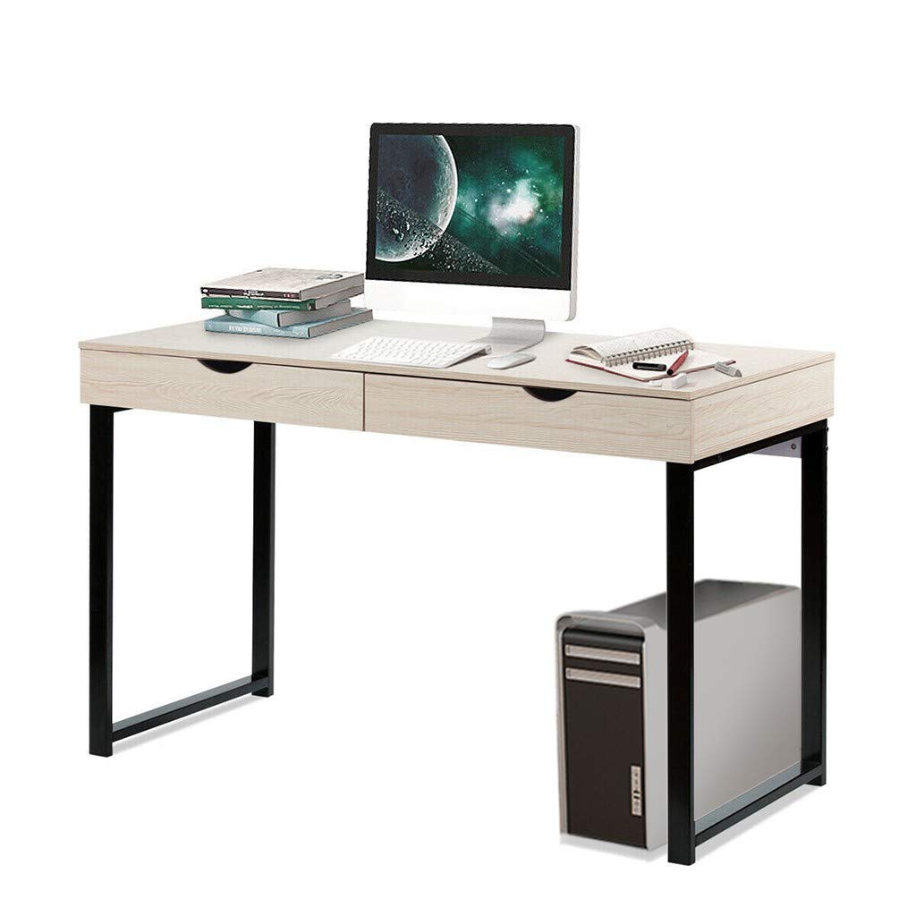 Modern Simple Writing Computer Desk with 2 Drawers - Black Frame Laptop Table & PC Workstation for Home Office, Bedroom, Study Room - Perfect for Remote Work & Online Learning (White)