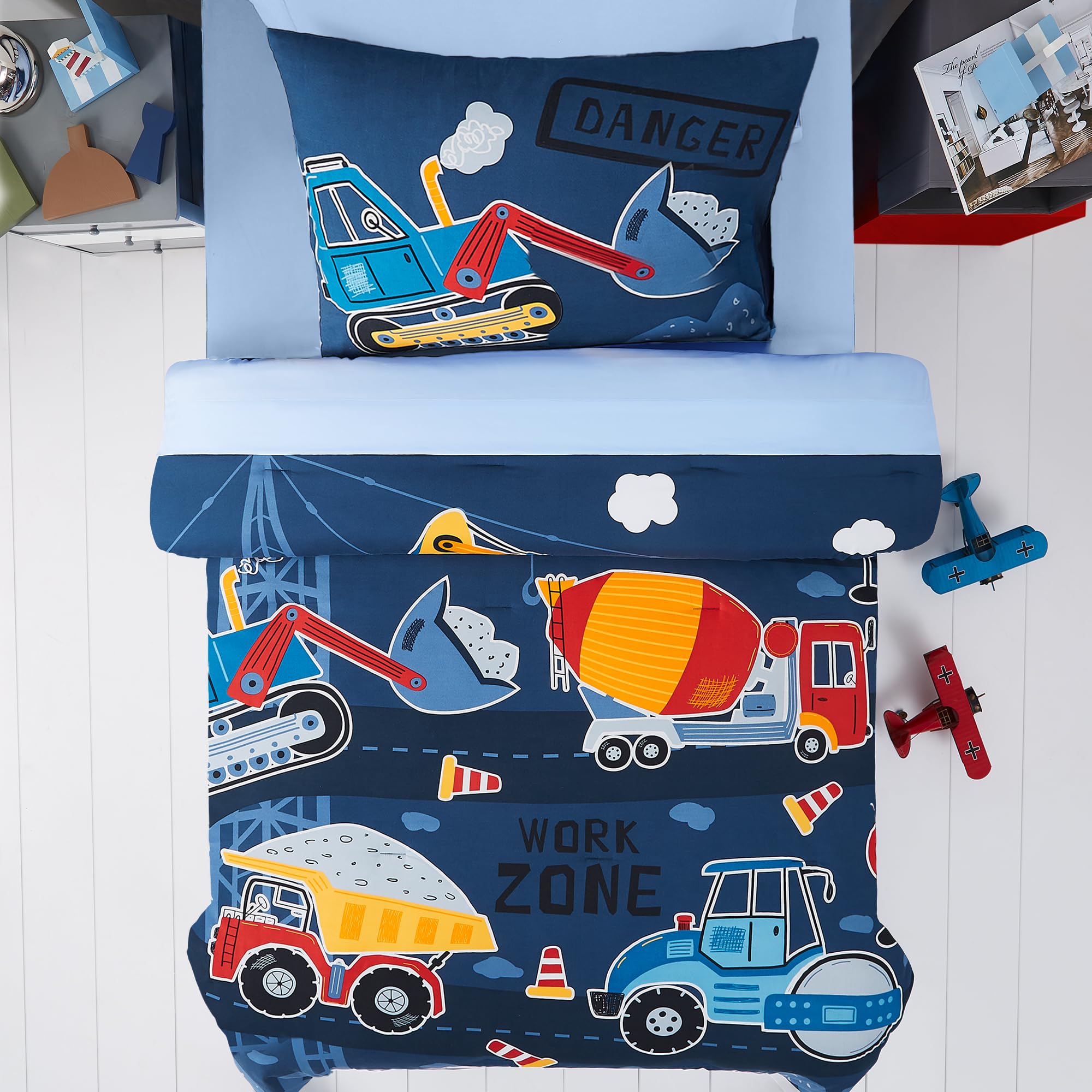 5-Piece Twin Kids Comforter Set for Boys & Girls - Glow in The Dark Truck Tractor Excavator Bedding (Includes Sheets) | Perfect for Teen Bedrooms, Sleepovers & Kids Room Decor