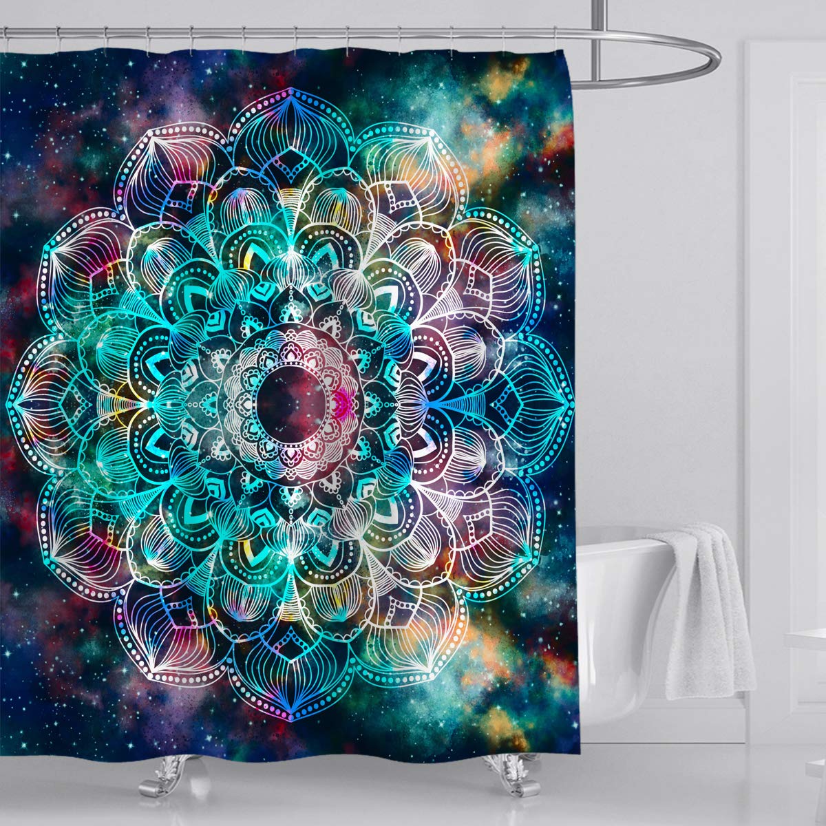 Yeacun Galaxy Mandala Shower Curtain 60x72 Inches - Waterproof Bathroom Decor with 12 Hooks, Star Flower & Geometric Design Fabric Shower Curtain for Spa-Like Bathroom Experience | Perfect for Boho, Celestial or Modern Bathroom Themes