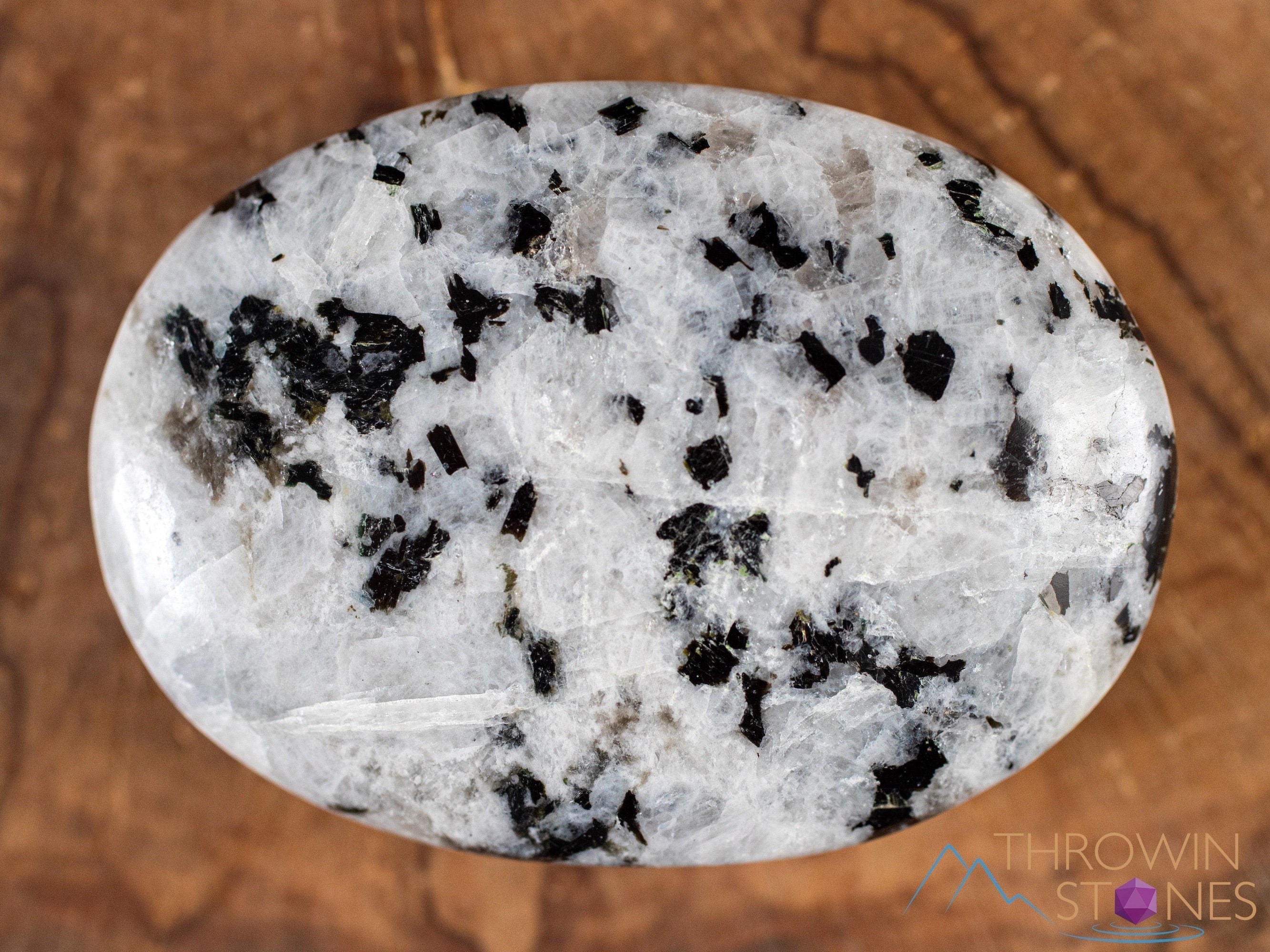 MOONSTONE Crystal Palm Stone - Natural White Feldspar with Black Tourmaline | Worry Stone for Anxiety Relief, Self Care & Healing | Meditation, Stress Relief & Energy Balancing (E1970)