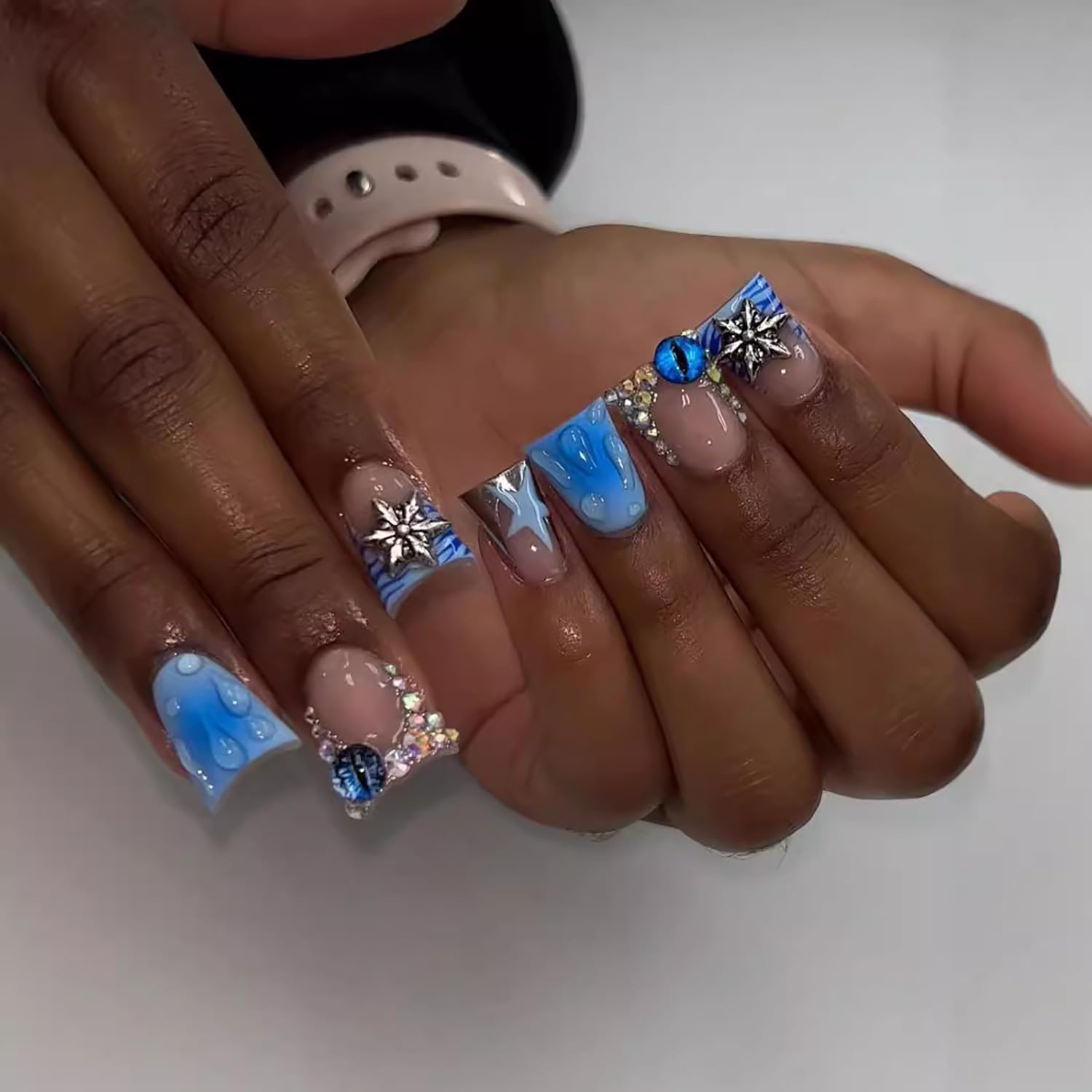 Blue Ocean Theme Duck Nail Tips - 24 Pcs Short French Tip Press on Fake Nails with 3D Devil Eyes & Rhinestone Charms | Full Cover Acrylic Nails for Women | Perfect for Parties, Weddings & Nail Art Decor