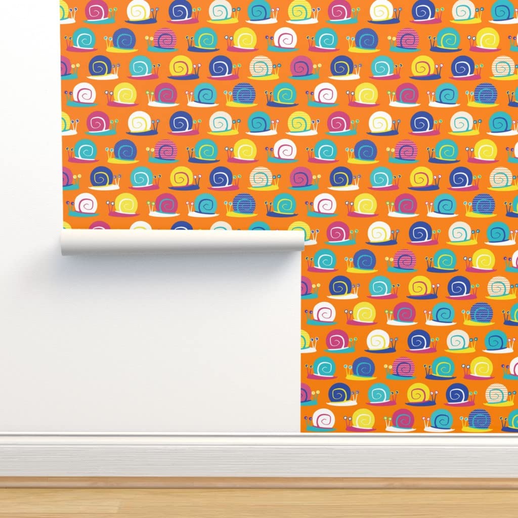 Peel & Stick Wallpaper Swatch - Snail Party Orange Cute Retro Animals Bold Colorful Rainbow Custom Removable Wallpaper by Spoonflower | Perfect for Kids Room, Nursery, Dorm Decor & DIY Home Improvement Projects