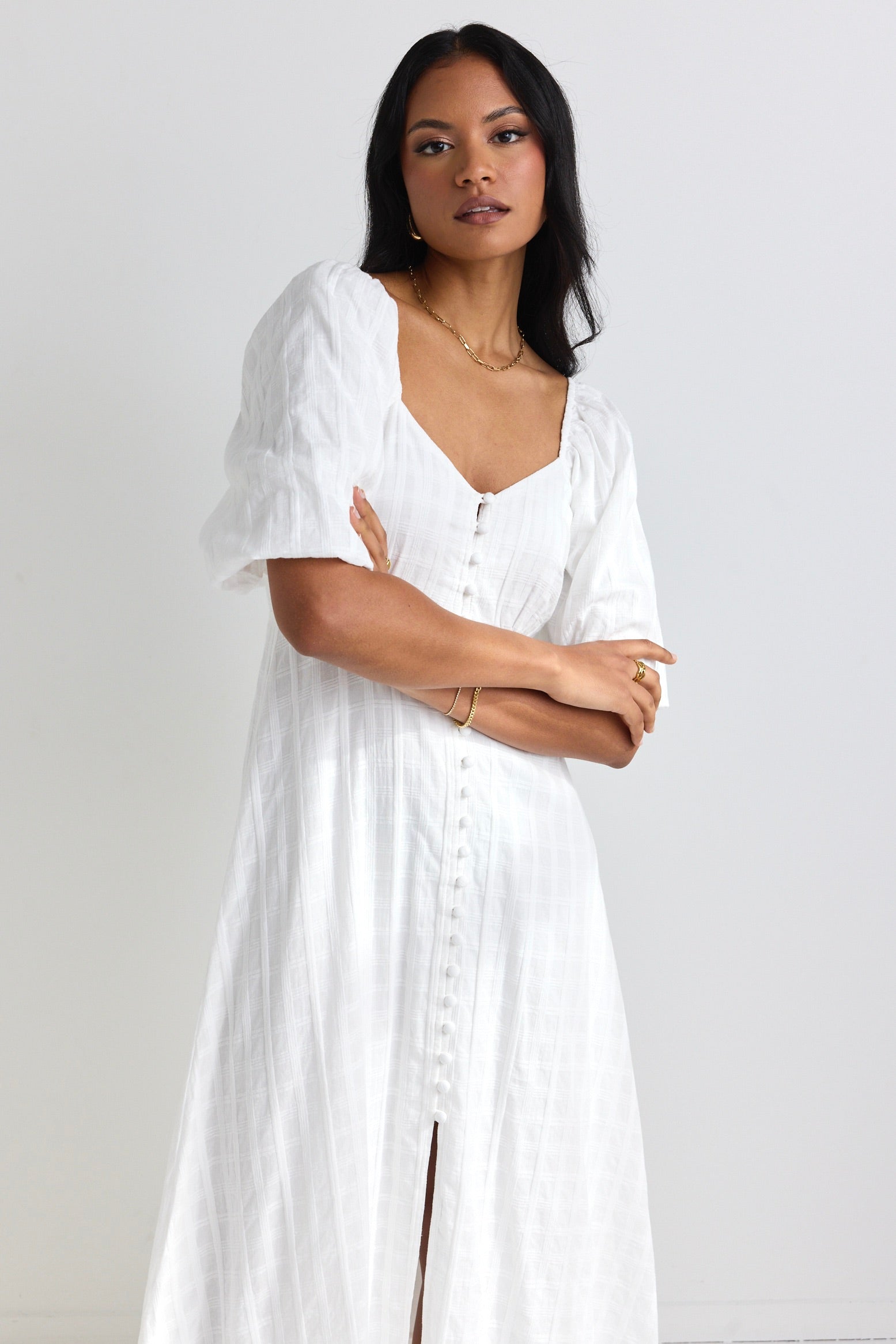 Heartfelt Ivory Check SS Button Front Midi Dress - Elegant Casual Wear for Brunch, Date Night & Summer Parties