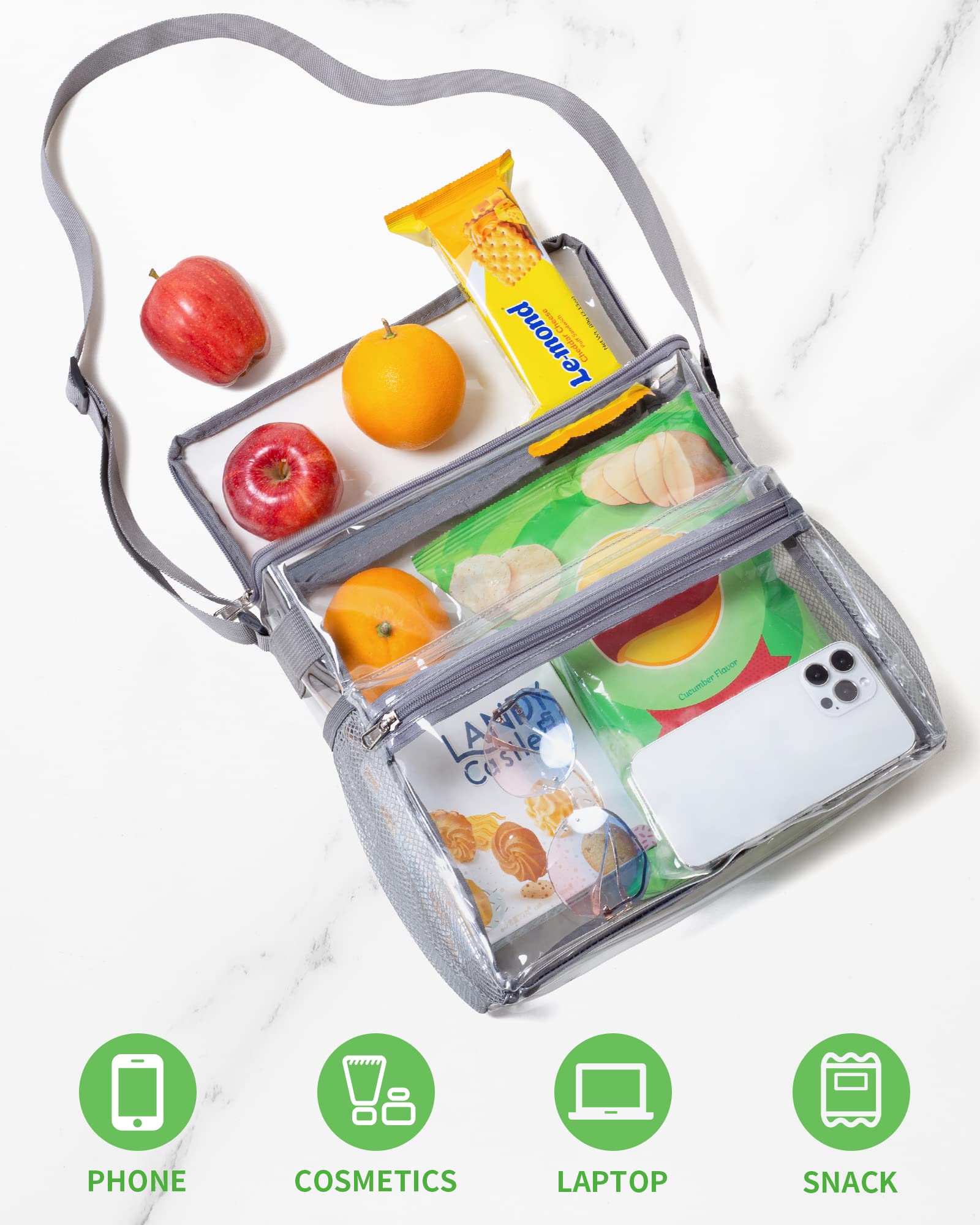 OEIPSMK Clear Tote Bag - 12x12x6 Stadium Approved Clear Crossbody Lunch Bag for Sports, Concerts, Work & College - Black, Gray (One Size) | Perfect for Stadium Security Checks, Beach Days & Gym Essentials
