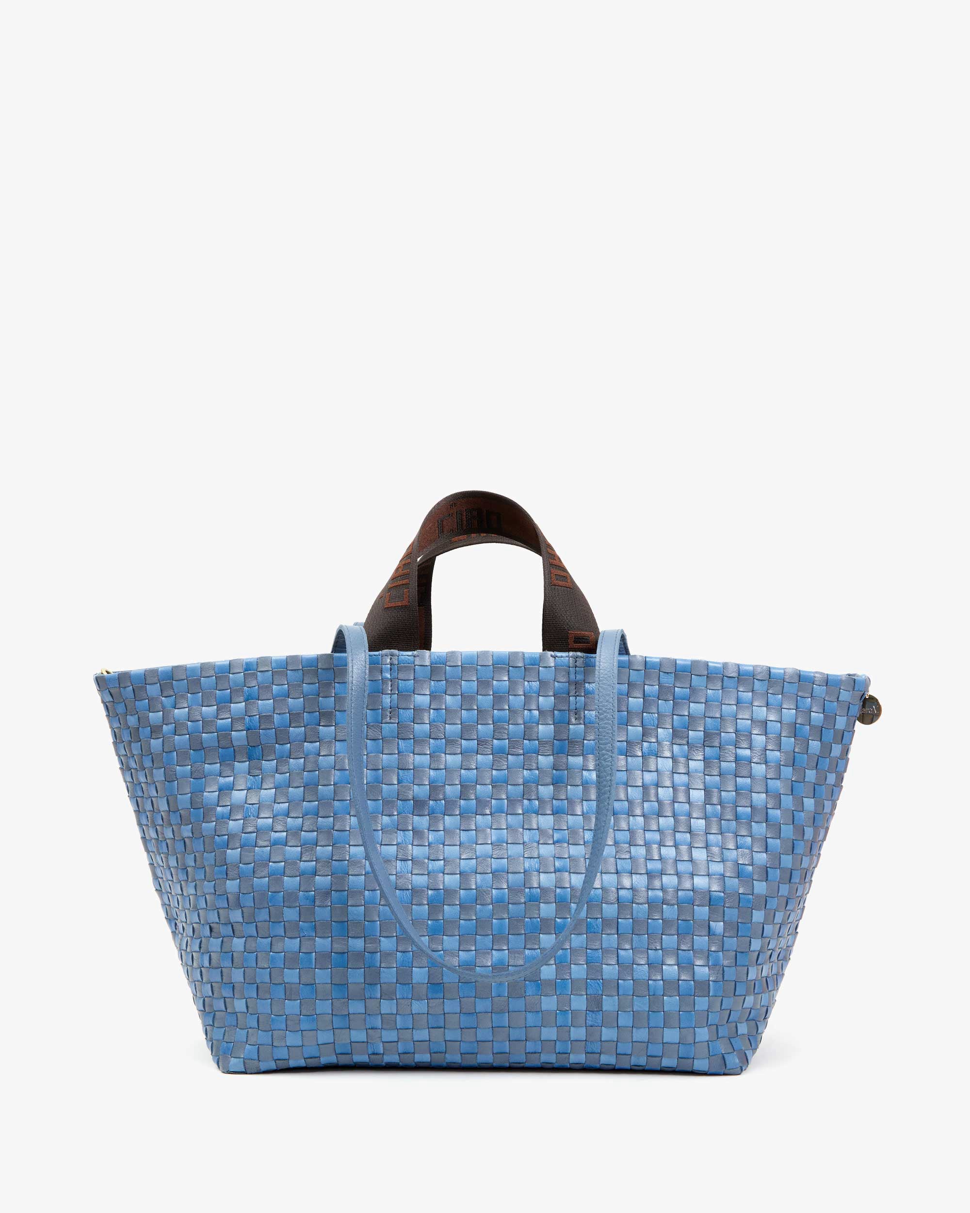 Light Blue Woven Checker Bateau Tote Bag - Stylish Beach Tote for Women, Perfect for Summer Outings, Shopping & Travel Accessories