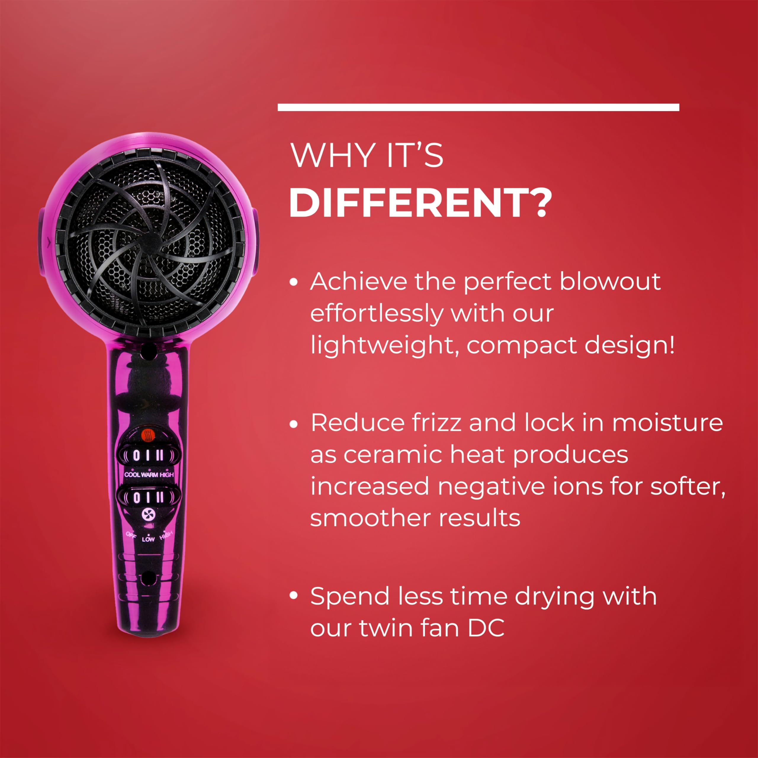 FHI HEAT Nano Lite Pro 1900W Professional Hair Dryer - Lightweight Ceramic Tourmaline Ionic Blow Dryer with 3 Attachments (Comb, Concentrator, Diffuser) for Fast Drying & Frizz Control - Perfect for Home, Salon & Travel Use