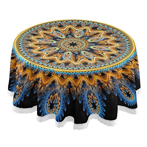 Exnundod Vintage Mandala Round Tablecloth 60 Inch - Boho Indian Style Washable Lace Trim Table Cover for Dining, Holiday, Home Party, Picnic & Seasonal Decor