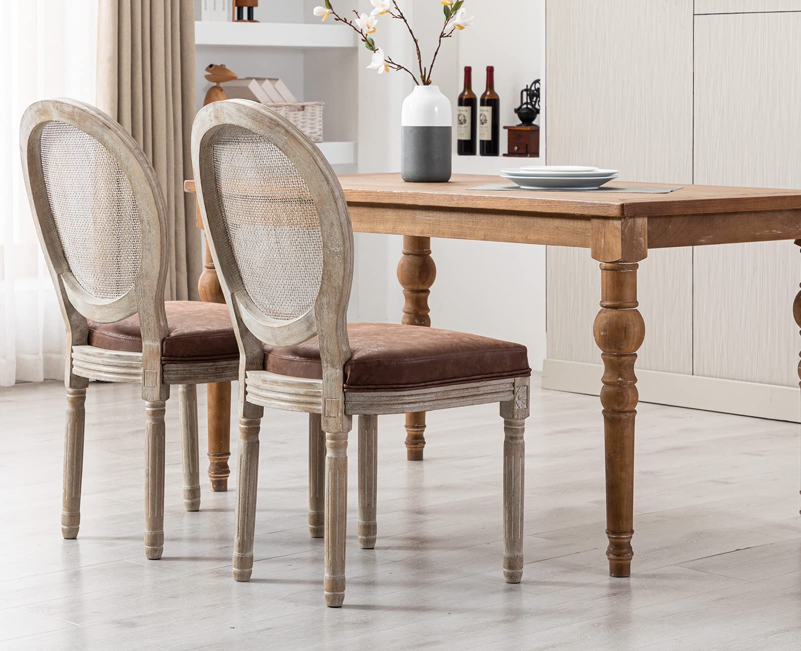 Kmax PU Leather Dining Chairs Set of 2 - French Style Rattan Round Back Farmhouse Chairs for Kitchen, Living Room & Dining Room | Perfect for Home Decor, Restaurant & Cafe Seating