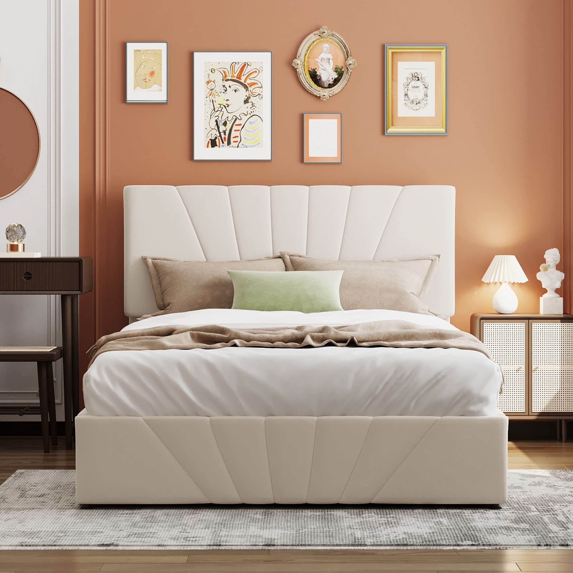 SOFTSEA Upholstered Full Platform Bed Frame with Headboard & Hydraulic Storage System - Under Bed Storage, Beige Fabric - Perfect for Small Bedrooms, Guest Rooms & Space-Saving Solutions