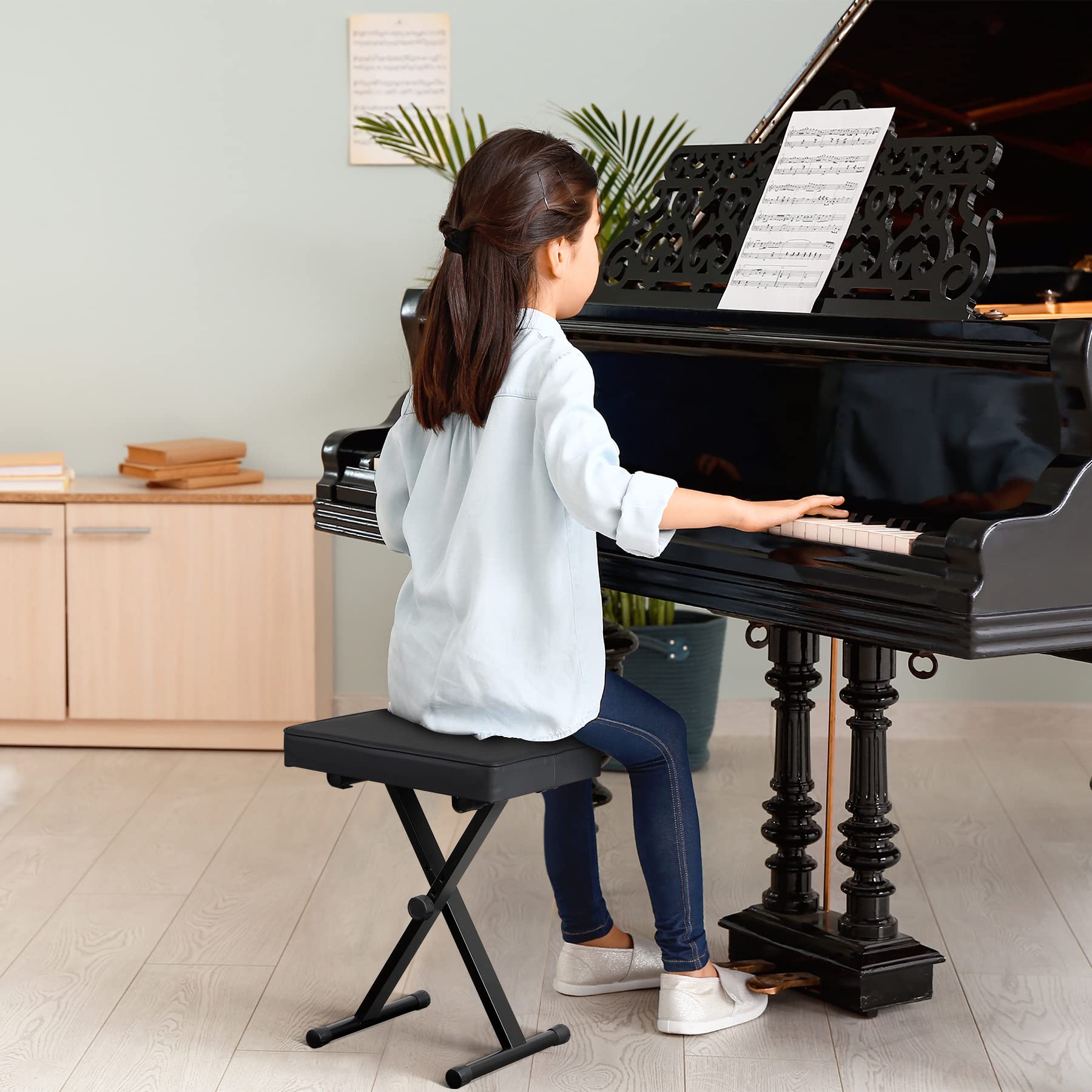 Adjustable Folding Padded Piano Bench - Portable Non-Slip Keyboard Stool with X-Style Frame | Perfect for Home, Studio & Travel Use - Black
