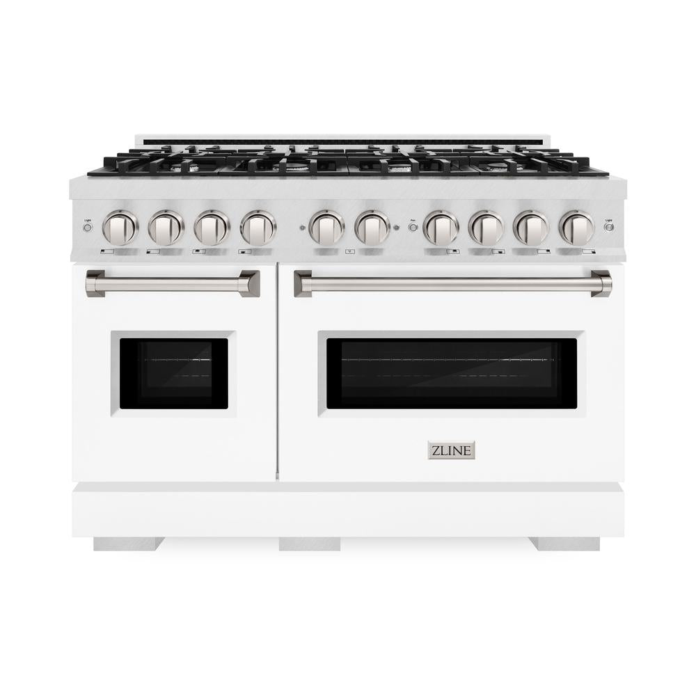 ZLINE 48-Inch 6.7 cu. ft. Dual Fuel Range with 8-Burner Gas Cooktop - Satin Stainless Steel & White Matte Doors (CDRS WM 48) - Perfect for Large Kitchens & Professional Cooking
