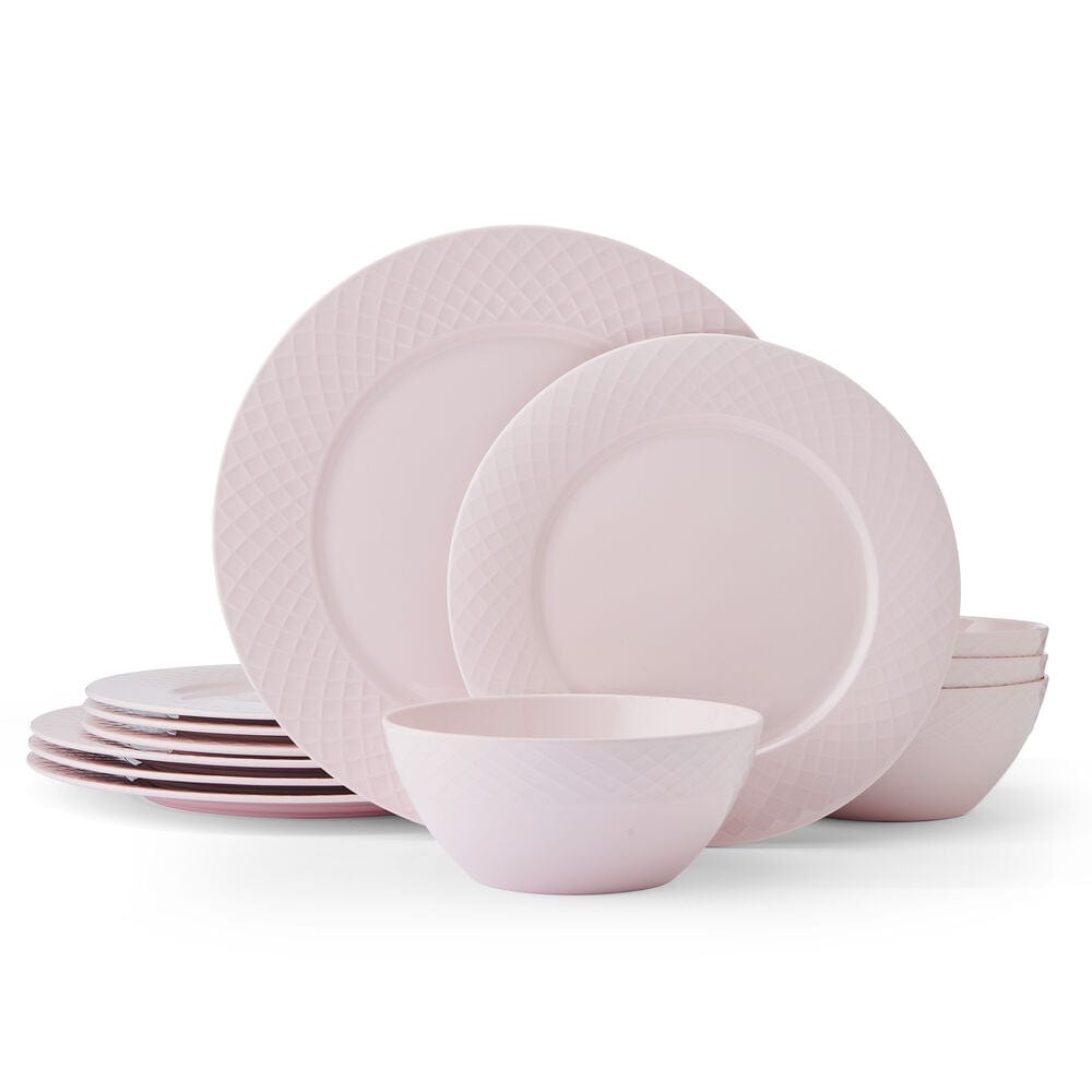 Trellis Pink 12-Piece Dinnerware Set - Service for 4 People - Elegant Porcelain Plates, Bowls & Mugs - Perfect for Family Dinners, Parties & Everyday Use