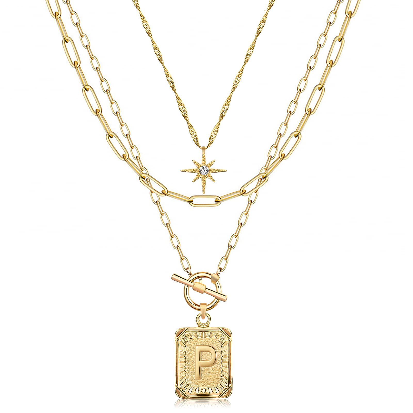 MJartoria Women's 14K Gold Plated Layered Initial Necklace - Trendy Star Choker with Square Letter Pendant & Paperclip Chain - Elegant Gold Jewelry Gift for Her - Perfect for Everyday Wear, Date Nights & Special Occasions