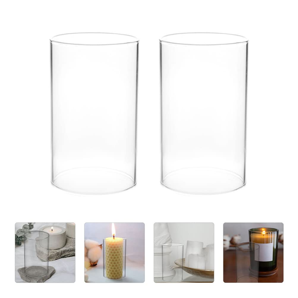 2-Pack Clear Borosilicate Glass Chimney Candle Holders - Open Ended Cylinder Tube Shade (15x8cm) Windproof for Tea Lights & Pillar Candles - Perfect for Weddings, Dining Tables & Outdoor Decor
