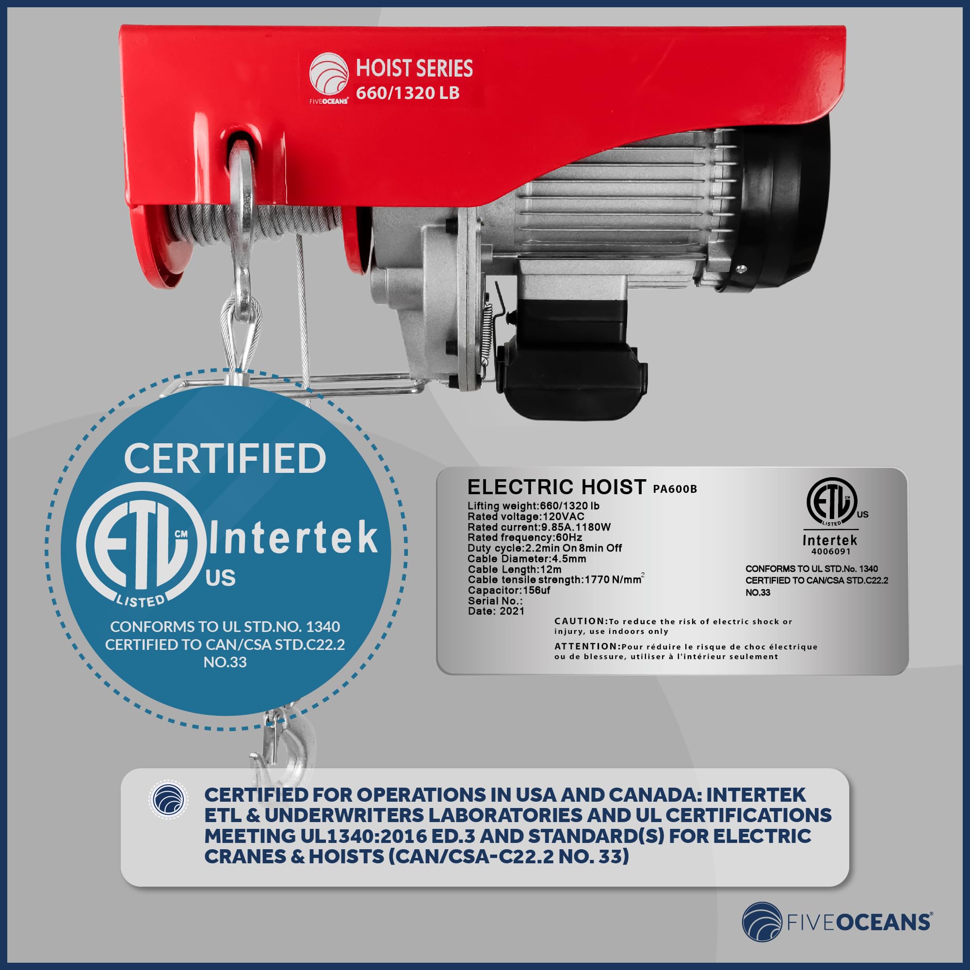 Five Oceans FO4016-C1 1320 Lbs Electric Overhead Hoist Lift Crane - Heavy Duty Garage Ceiling Pulley Winch with Zinc-Plated Steel Wire & 20FT Remote Control - Includes Working Gloves for Safe Lifting - Perfect for Garage, Workshop, and Industrial Use