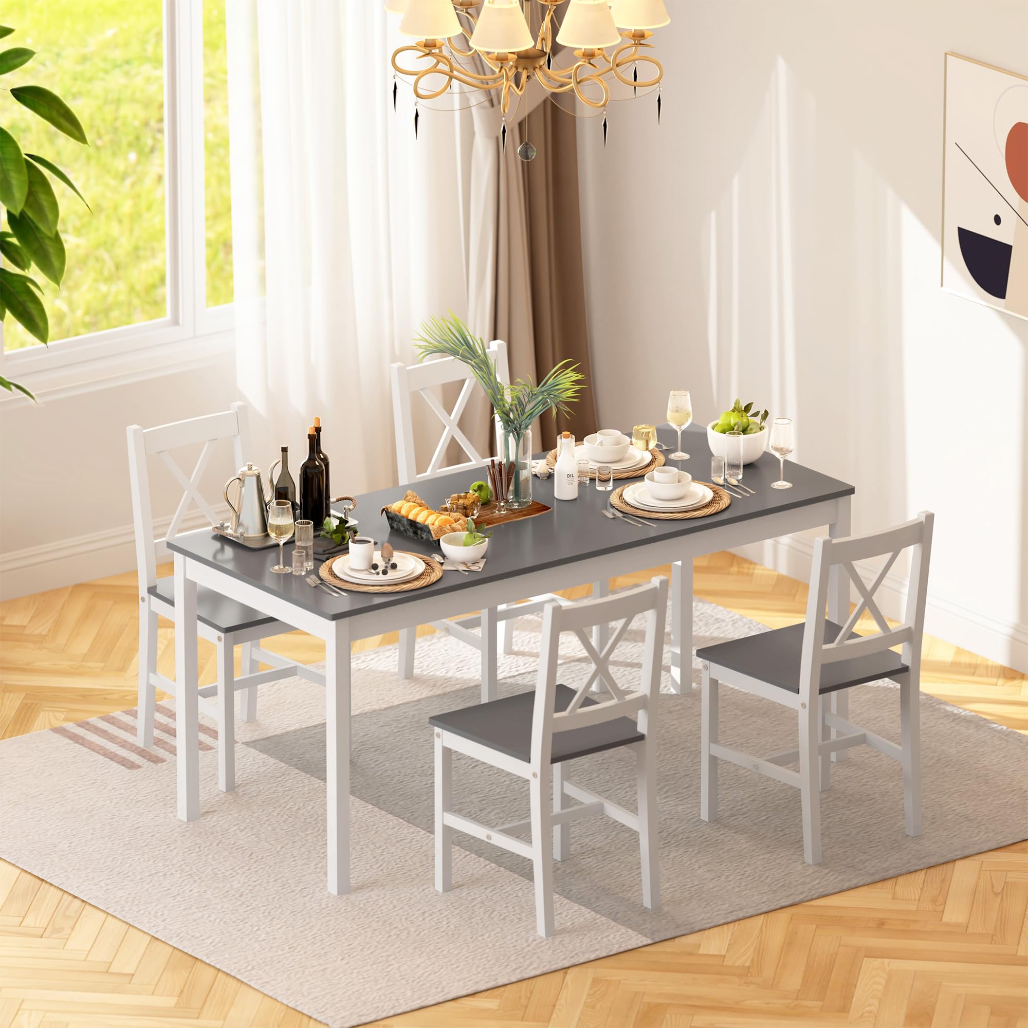 Soges 5-Piece Dining Table Set - 47.2 Inch Rectangular Pine Wood Kitchen Table with 4 Chairs, White Grey Modern Furniture for Kitchen, Dining Room, Dinette | Perfect for Small Spaces, Family Meals & Entertaining Guests