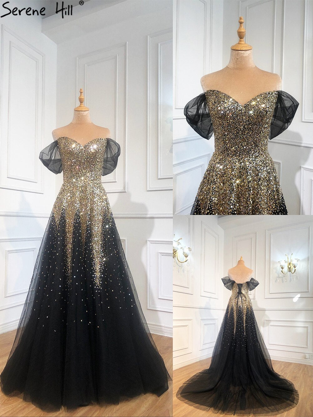 Serene Hill Luxury Black Gold A-Line Evening Gowns for Women 2025 - Sparkle Beaded Sexy Party Dresses for Prom, Gala & Special Occasions - LA70838