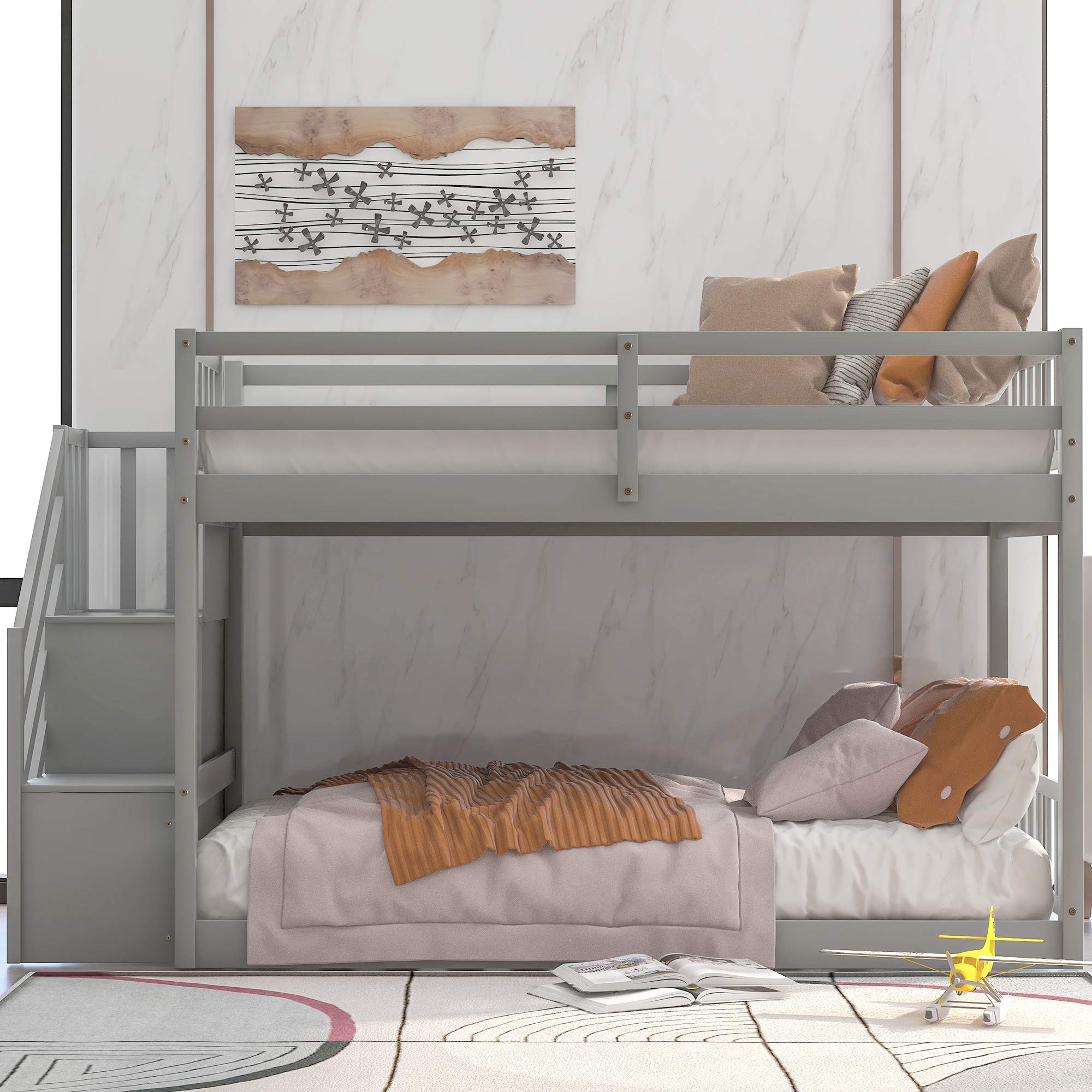 P PURLOVE Twin Over Twin Junior Low Bunk Bed with Storage Stairs - Wooden Floor Bunk Bed for Kids & Teens - Twin Size Bunk Bed with Slats (No Box Spring Needed) - Perfect for Small Bedrooms, Shared Kids' Rooms & Space-Saving Solutions