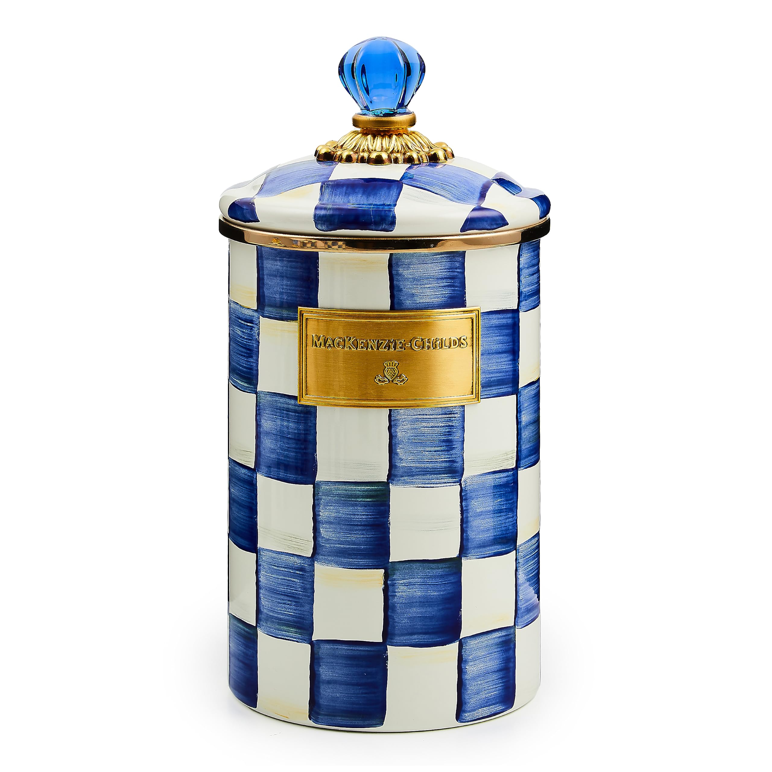 MACKENZIE-CHILDS Large Enamel Canister - 1.89L Kitchen Storage Container for Flour, Sugar & Dry Goods - Blue & White Royal Check Design - Perfect for Pantry Organization & Farmhouse Decor