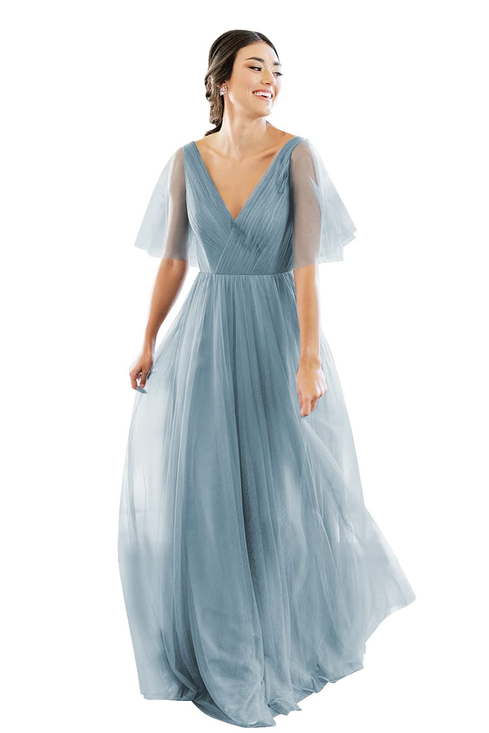 Elegant V-Neck Short Sleeve Tulle Bridesmaid Dress for Women - Backless Long Formal Gown for Weddings, Proms & Special Occasions