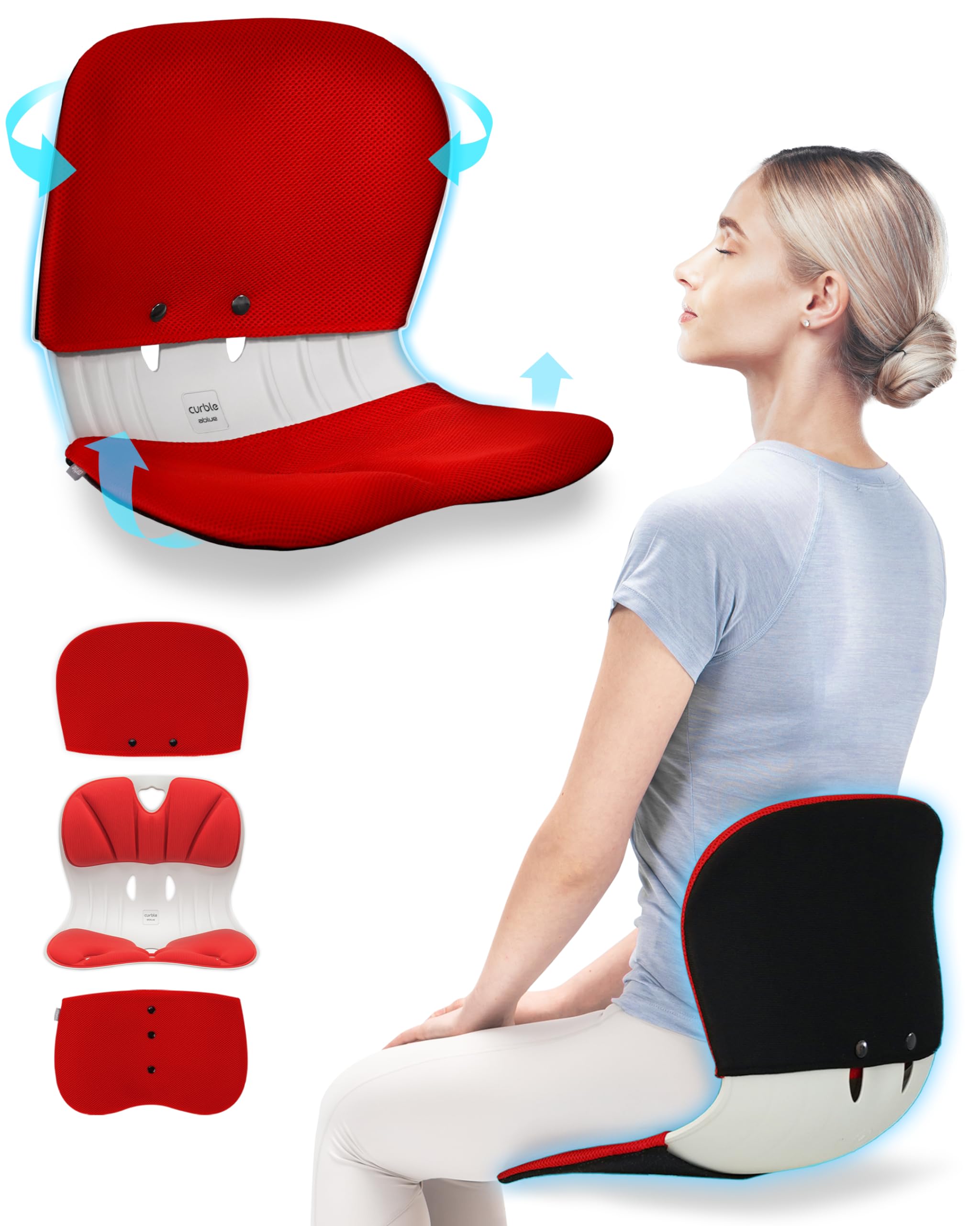 Curble WIDER Standard Wide Cover Set - Detachable Lumbar Support Chair Cover for Back Pain Relief & Posture Correction (Red) - Ideal for Office, Gaming & Ergonomic Home Use