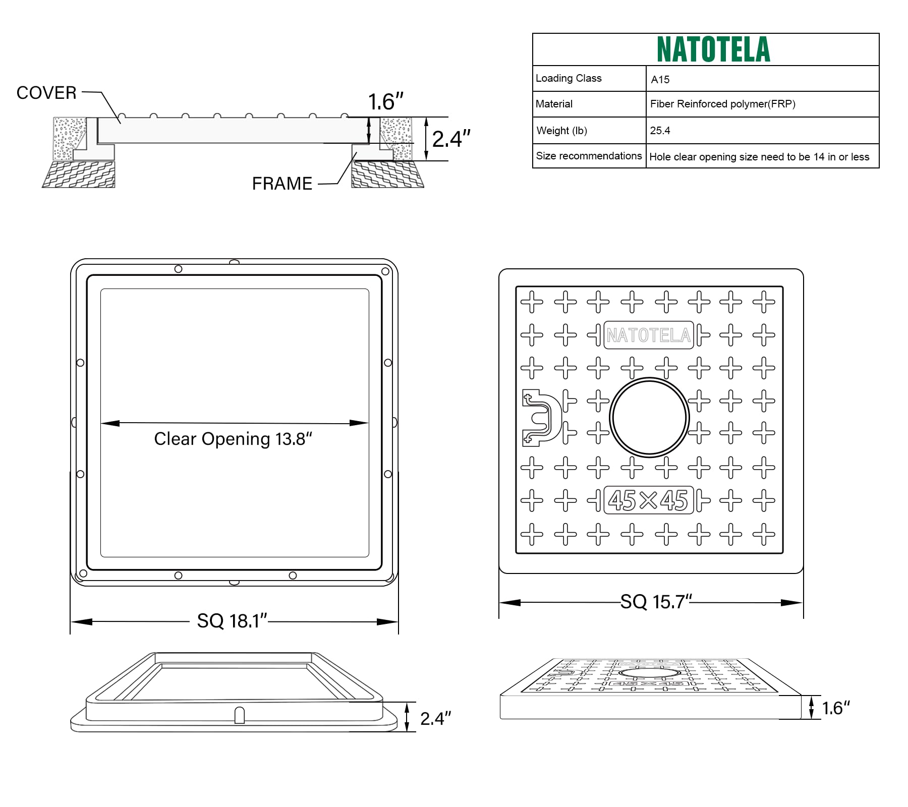 18x18in Fiberglass Manhole Cover & Frame - 14x14in Clear Opening, 16x16in Solid Top Cover - Reinforced Steel Septic Tank Lid with Handle - Durable Sewer Cover for Underground Utility Access & Drainage Systems