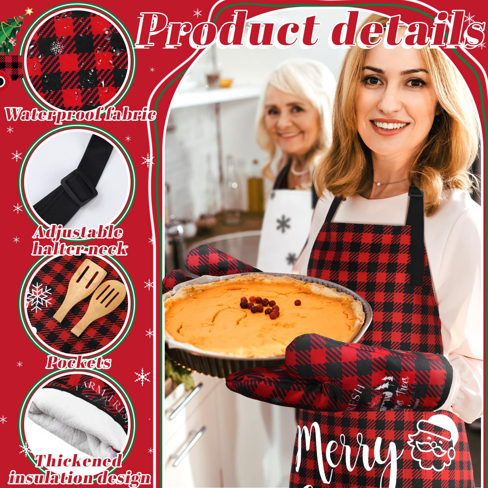 Geetery 10-Piece Christmas Kitchen Towel Set with Oven Mitt, Pot Holder & Apron - Festive Cotton Tree Design for Holiday Cooking & Baking (Red & Black Plaid) - Perfect for Christmas Dinner Prep, Baking Gifts & Festive Home Decor