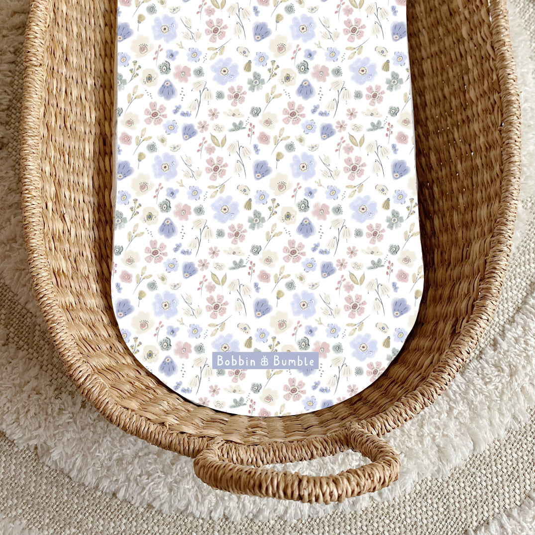 Lilac Wildflowers PVC Changing Basket Liner - Waterproof & Washable Baby Changing Pad Cover | Bobbin and Bumble | Perfect for Nursery, Diaper Bag & On-the-Go Parents
